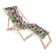 Holzliegestuhl mit Fußhocker Blumen und Kakteen
