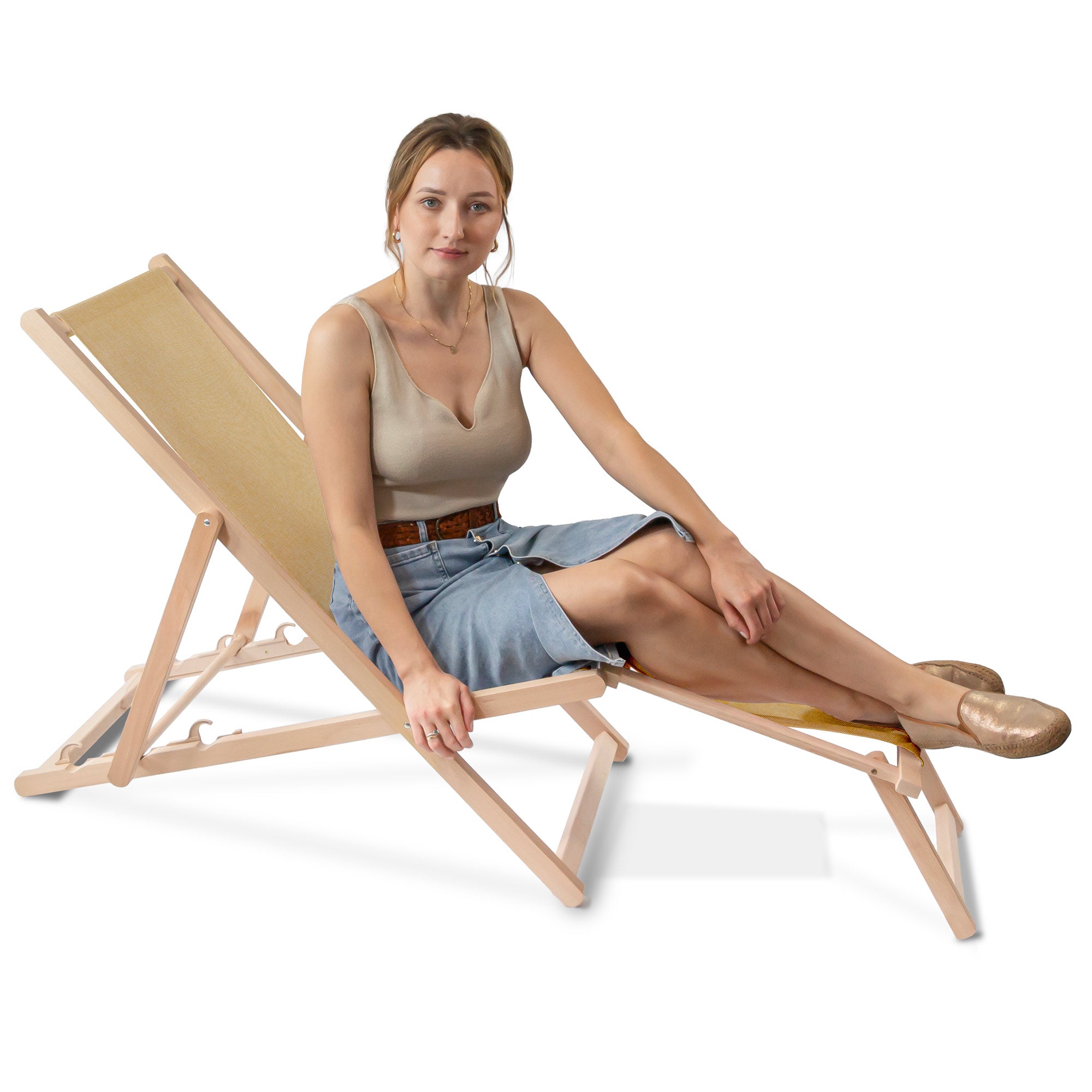 Wooden deck chair with footrest Linen imitation Desert Sand