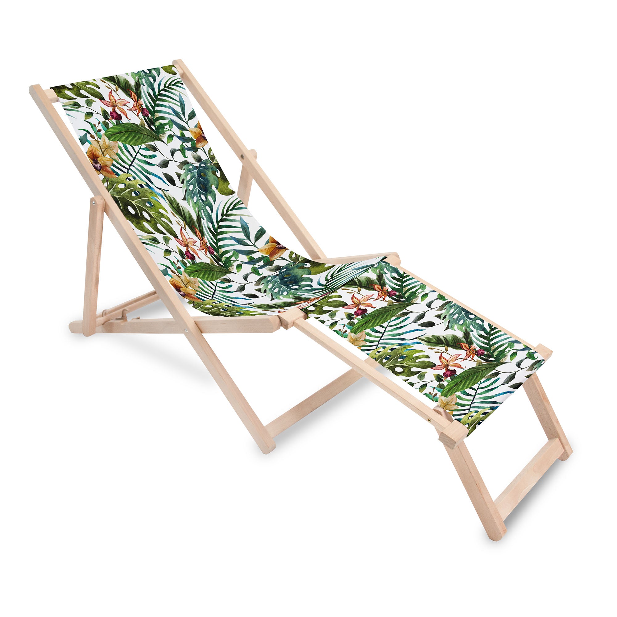 Holzliegestuhl mit Fußhocker Florale Aquarelle