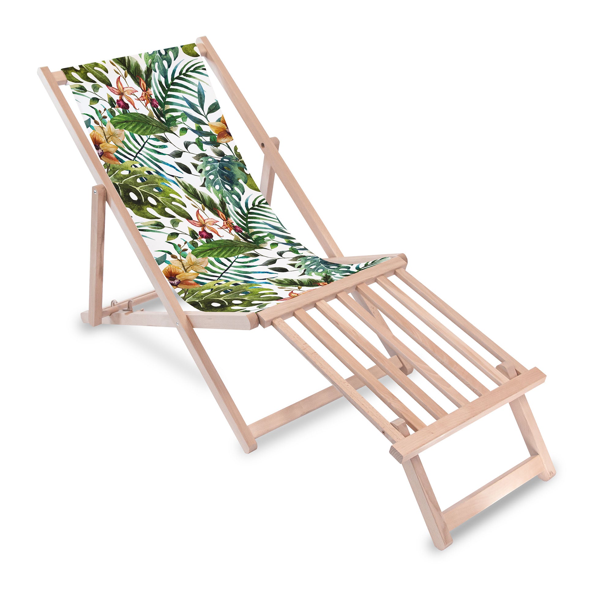 Holzliegestuhl mit Fußhocker aus Holz Florale Aquarelle
