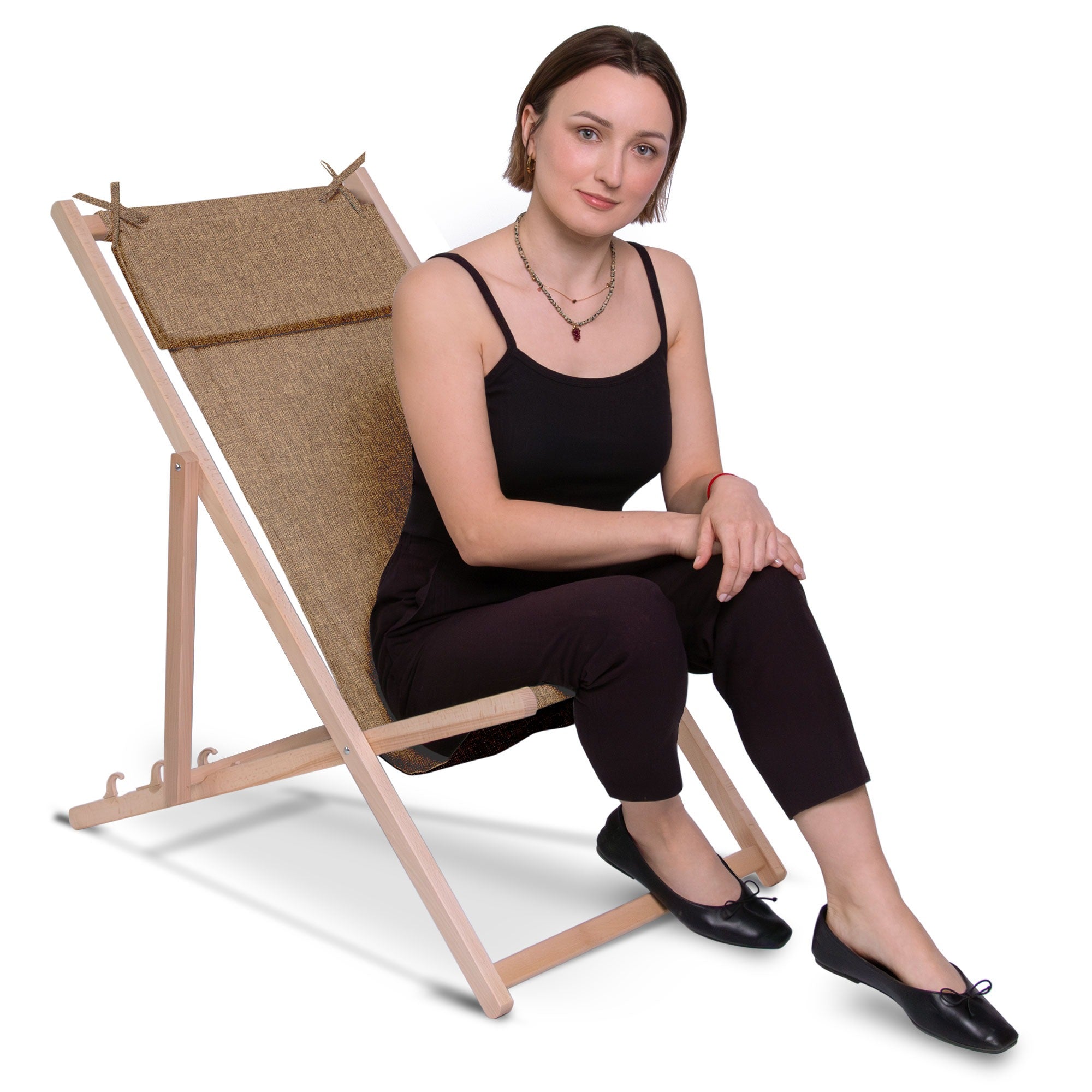 Holzliegestuhl mit Kissen Leinen-Imitat Cinnamon-S