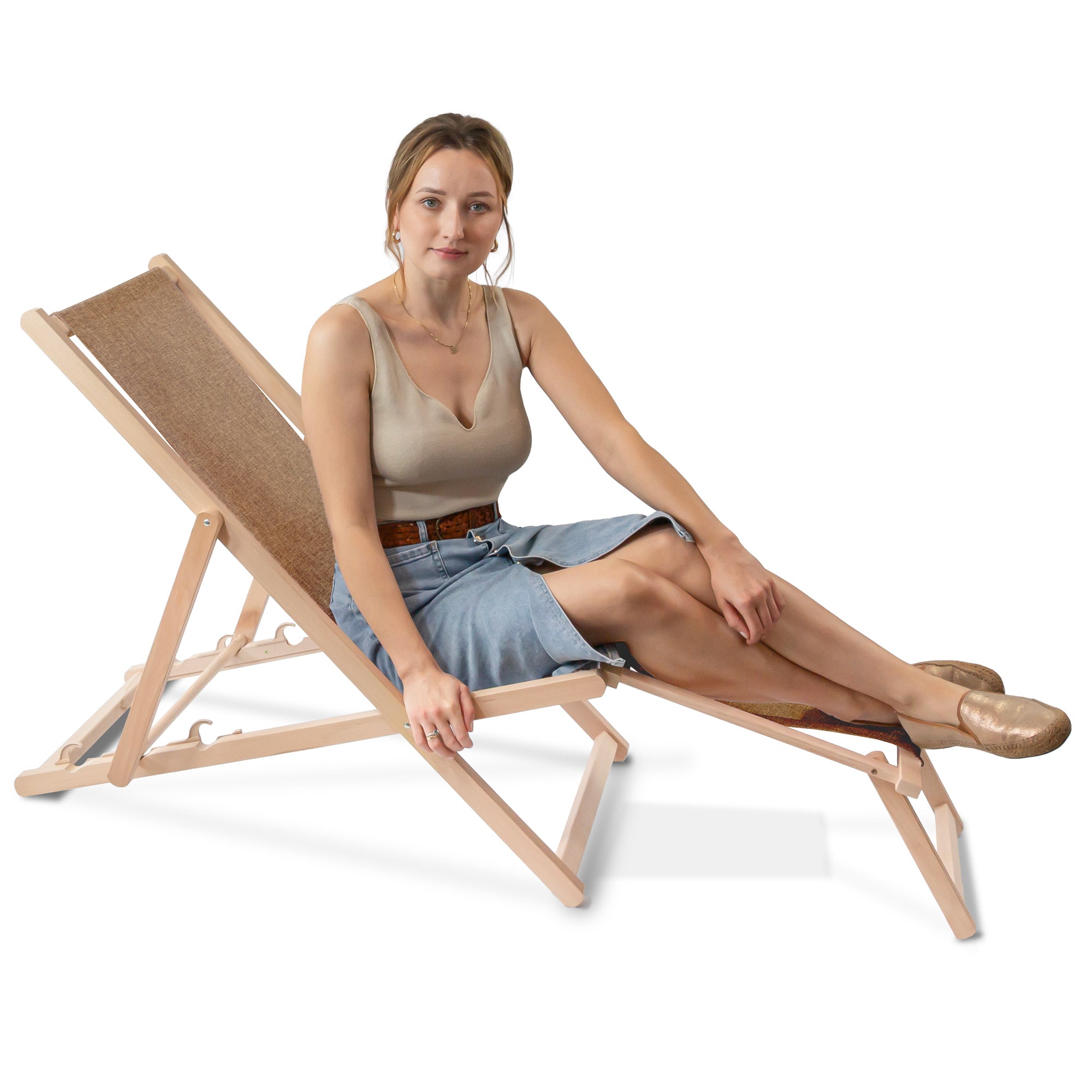 Holzliege mit Fußstütze Leinenoptik Cinnamon