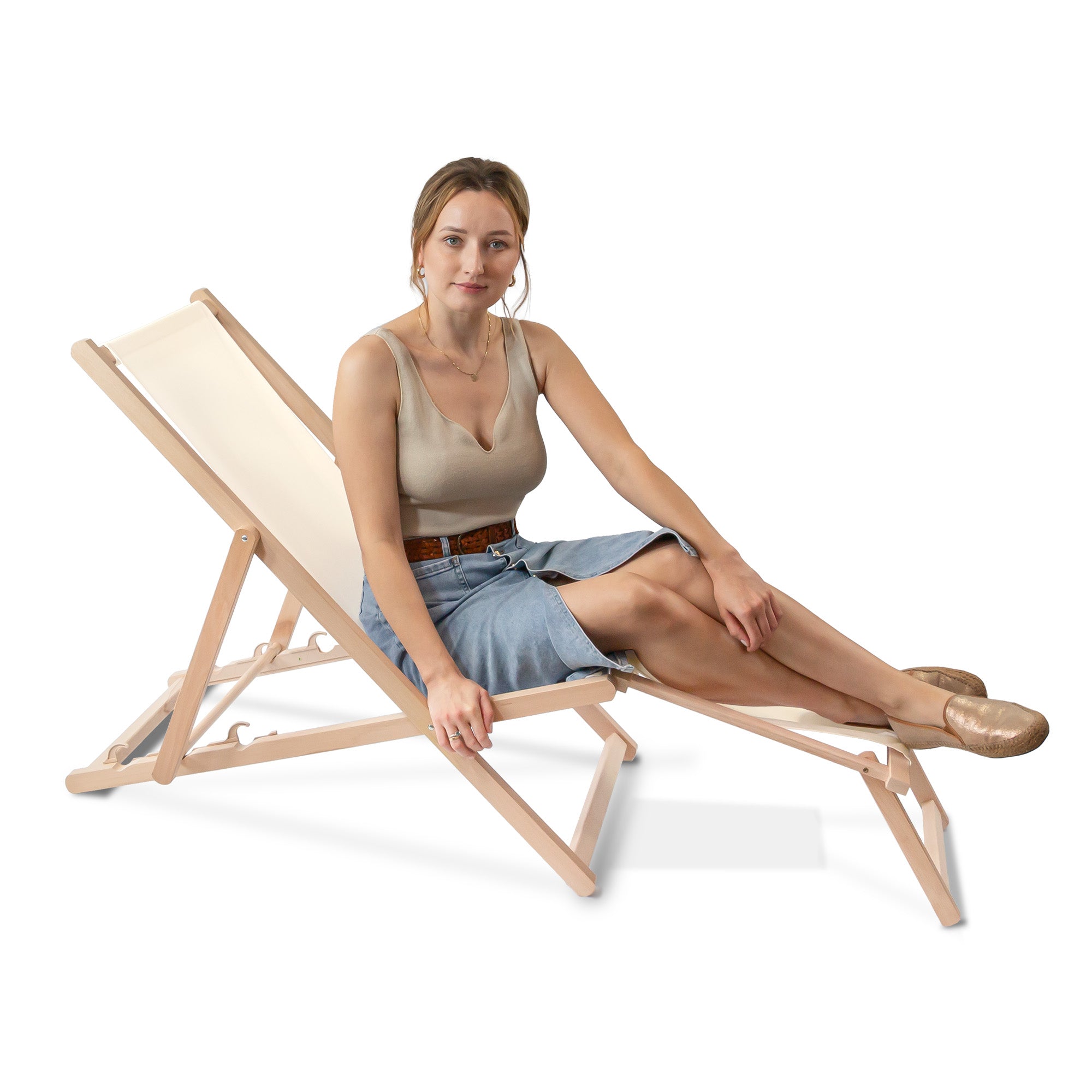 Holzliegestuhl mit Fußhocker Creme