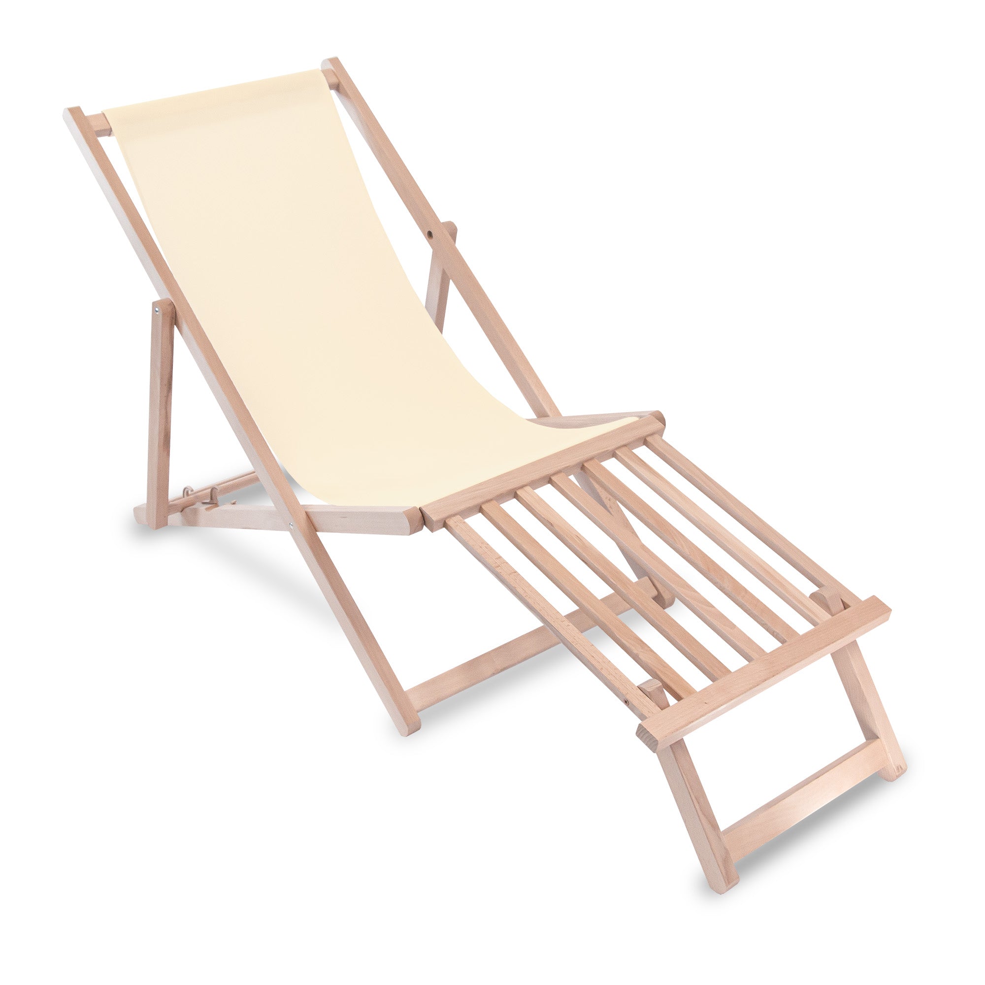 Holzliegestuhl mit Holzfußhocker Creme