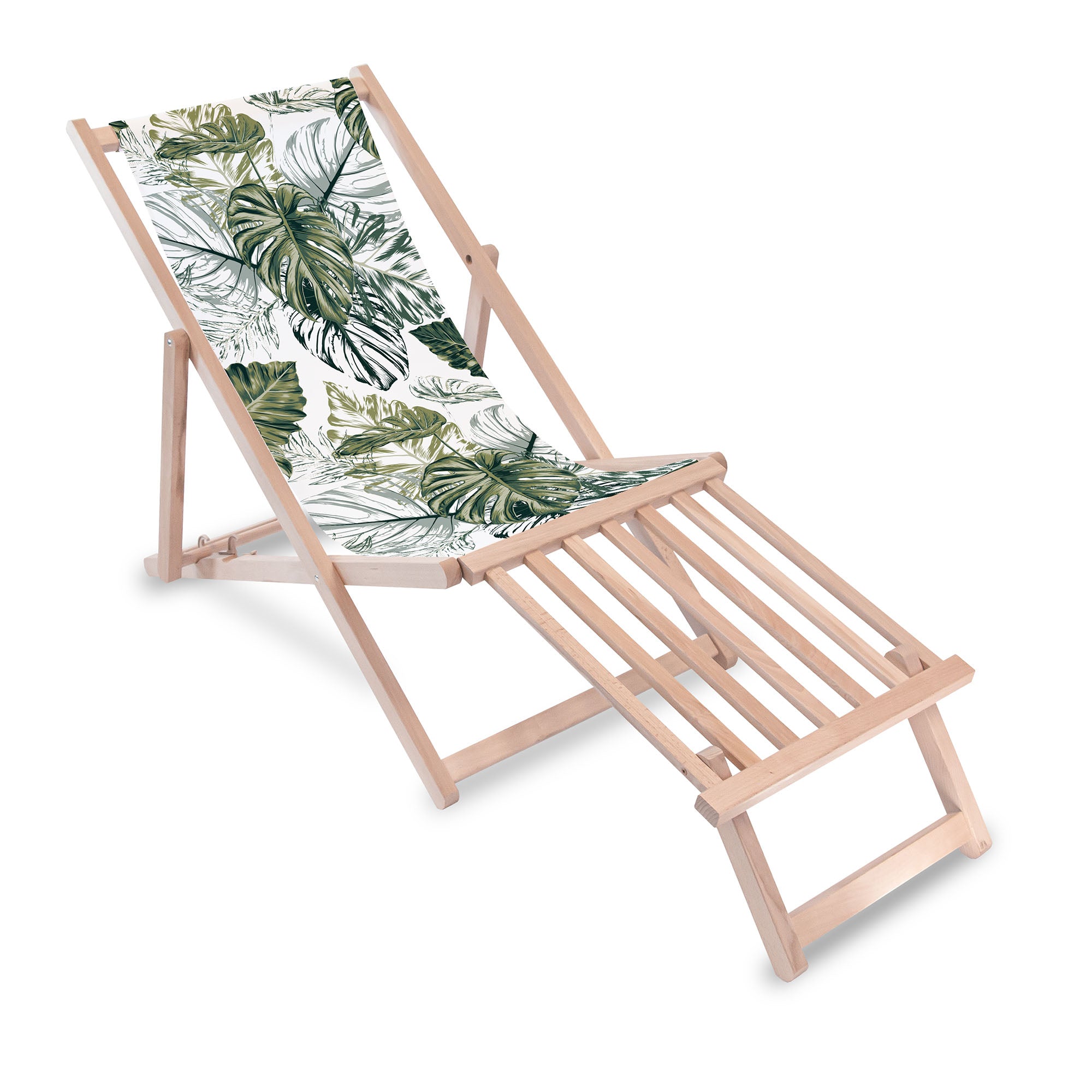 Holzliegestuhl mit Fußhocker aus Holz Monstera Grünes Blatt