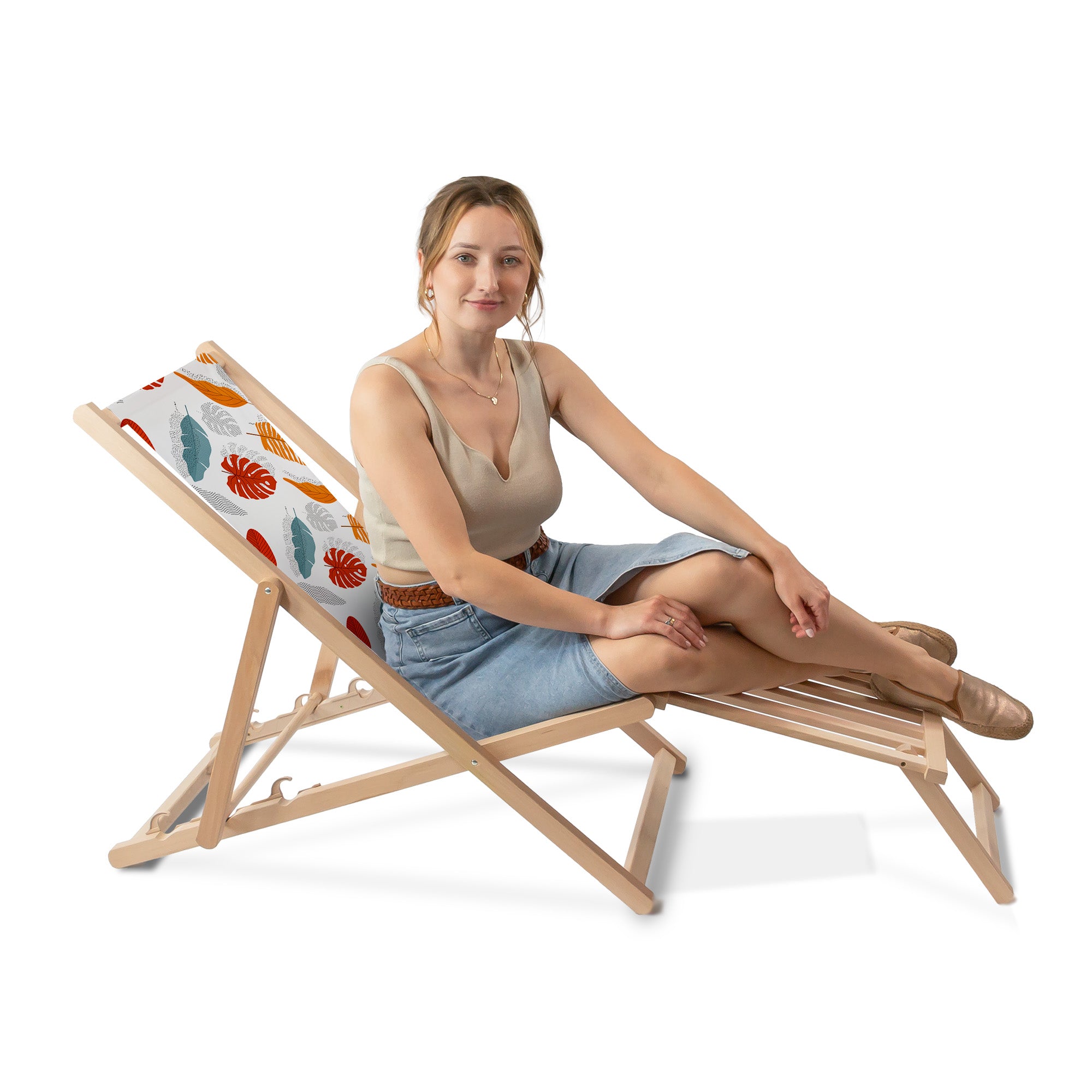 Wooden deck chair with wooden footrest Simple Leaves