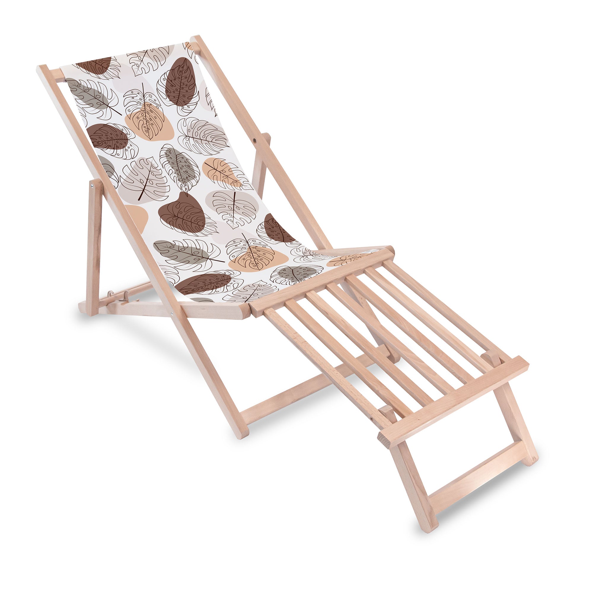 Holzliegestuhl mit Fußhocker aus Holz Monstera Linienzeichnung