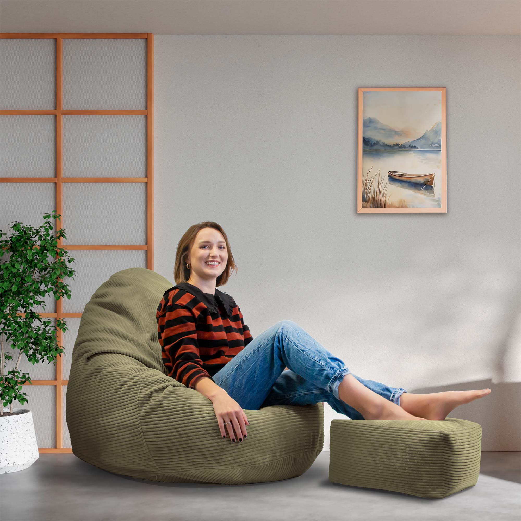 Paradise Hocker mit Fußstütze Dunkle Olive-M