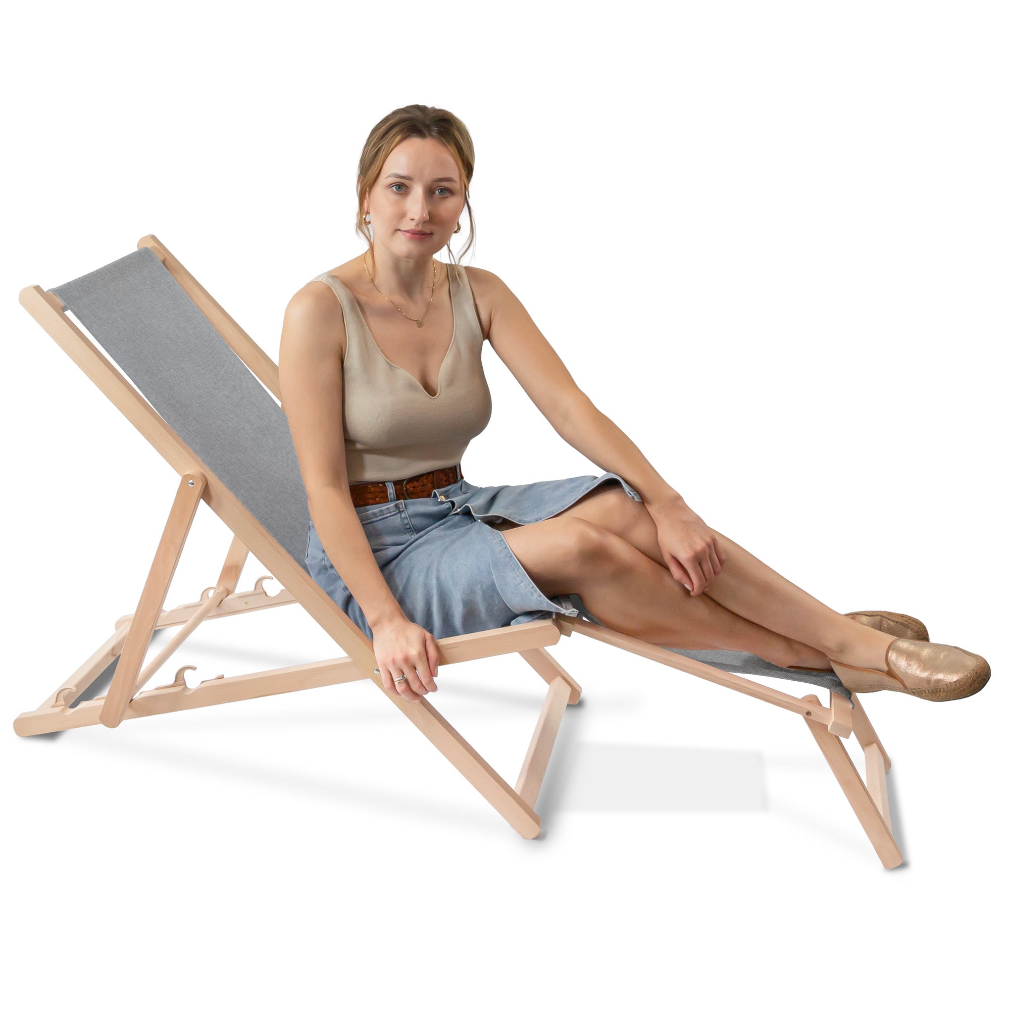 Wooden deck chair with footrest Linen imitation Light Grey