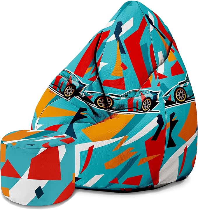 Sitzpouf Birnenform mit Fußstütze Bunte Autos-Samt
