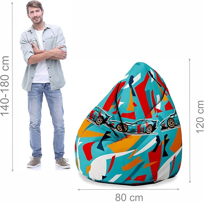 Sitzpouf Birnenform mit Fußstütze Bunte Autos-Samt