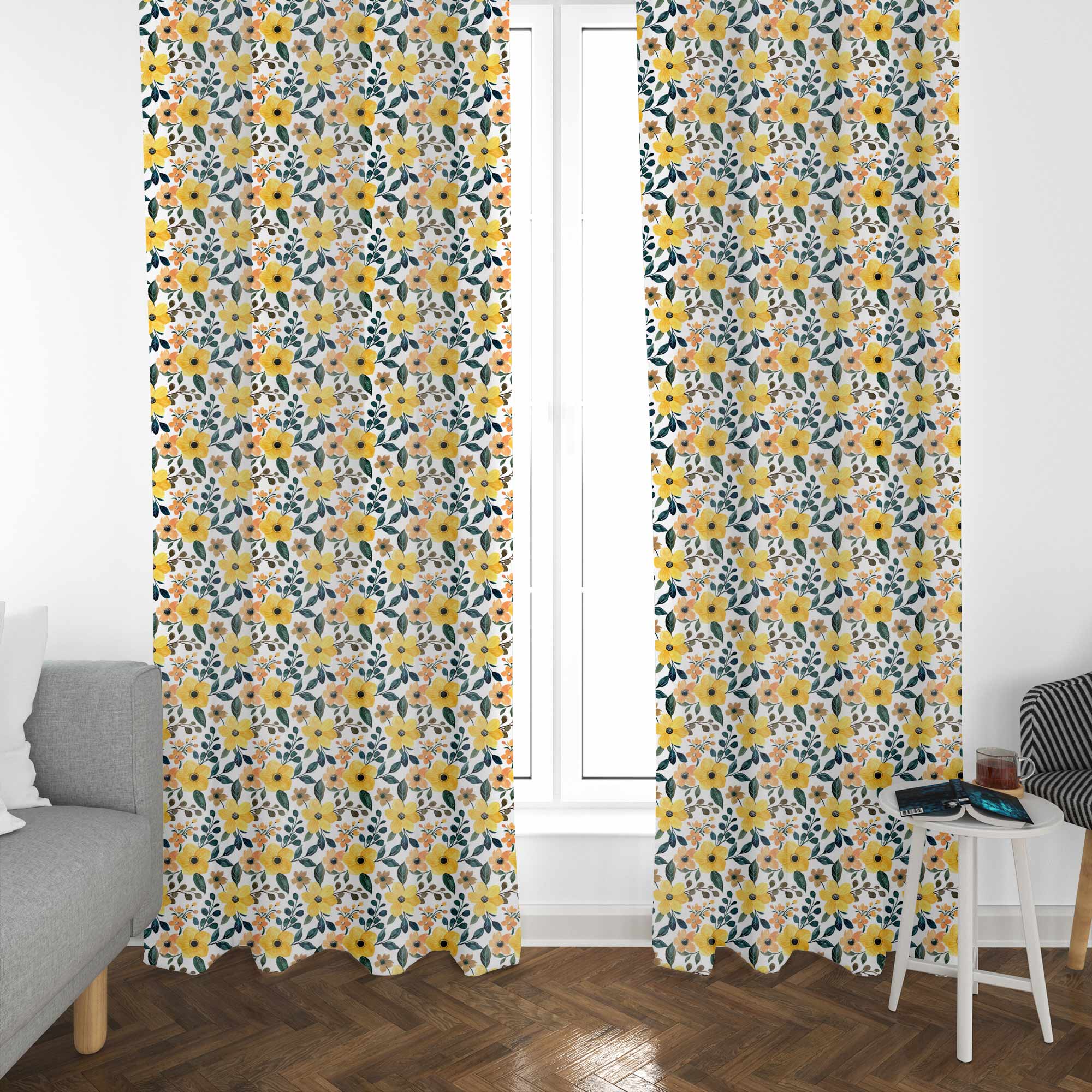 Yellow Floral Watercolor-Tablecloth Fabric