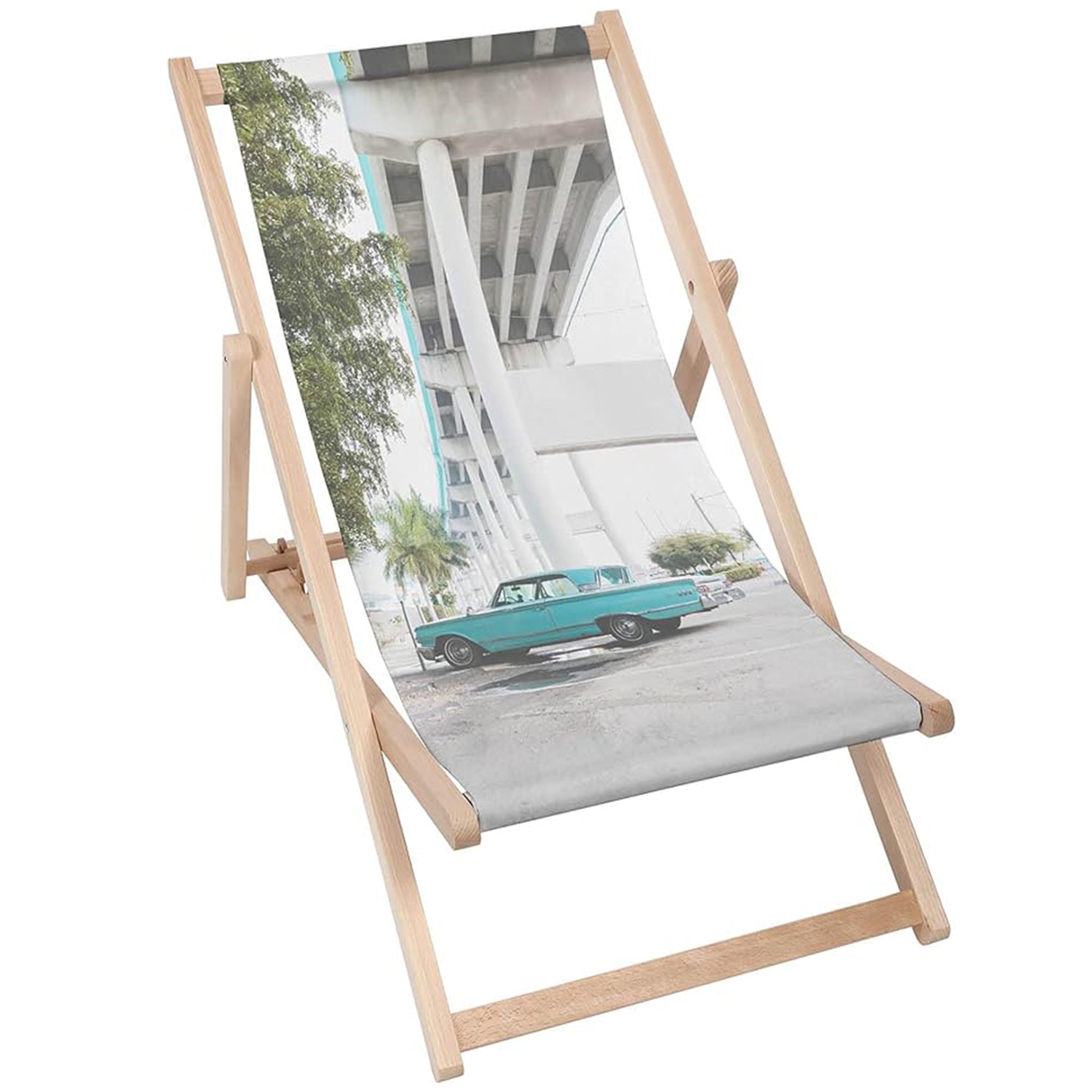 Holzliegestuhl Auto unter der Brücke