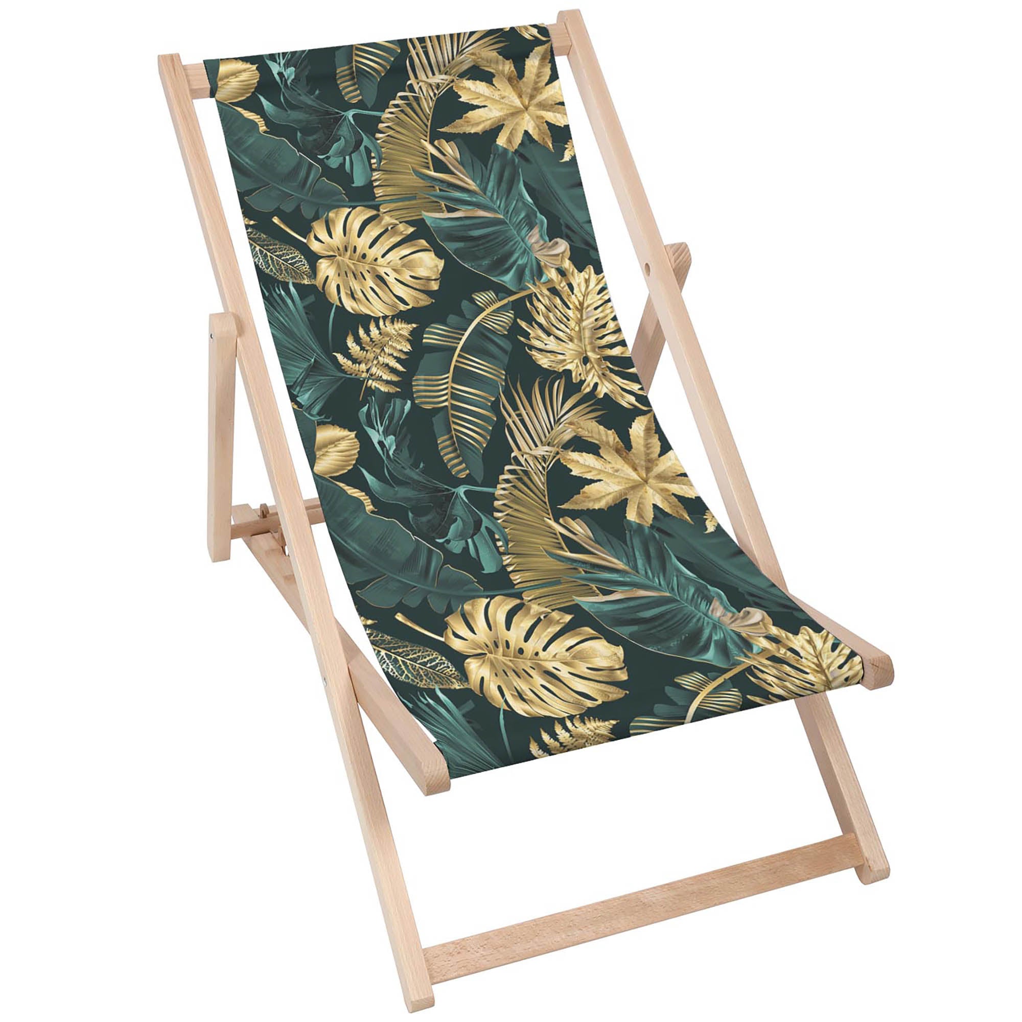 Holzliegestuhl Monstera Gold Grün-M
