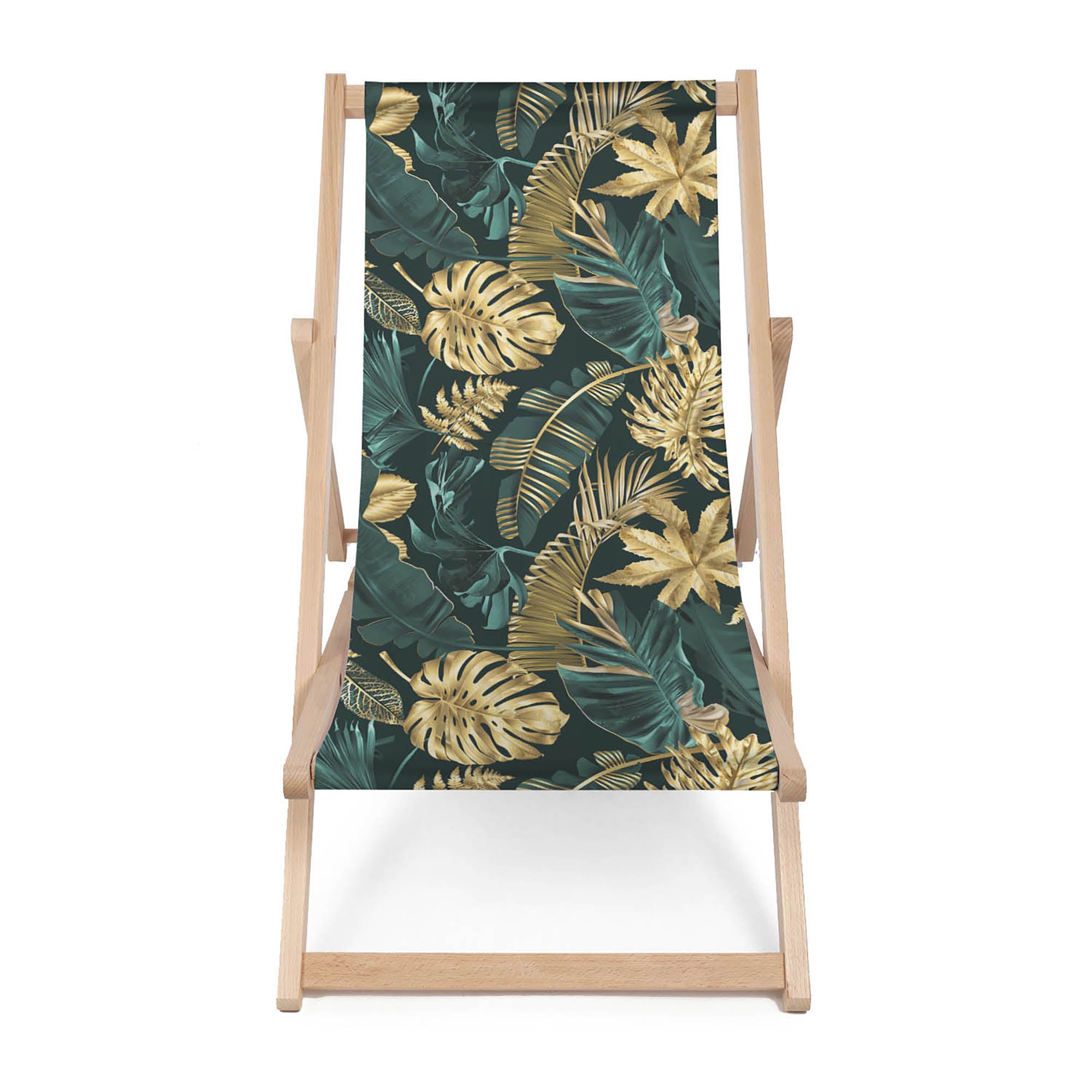 Holzliegestuhl Monstera Gold Grün-M