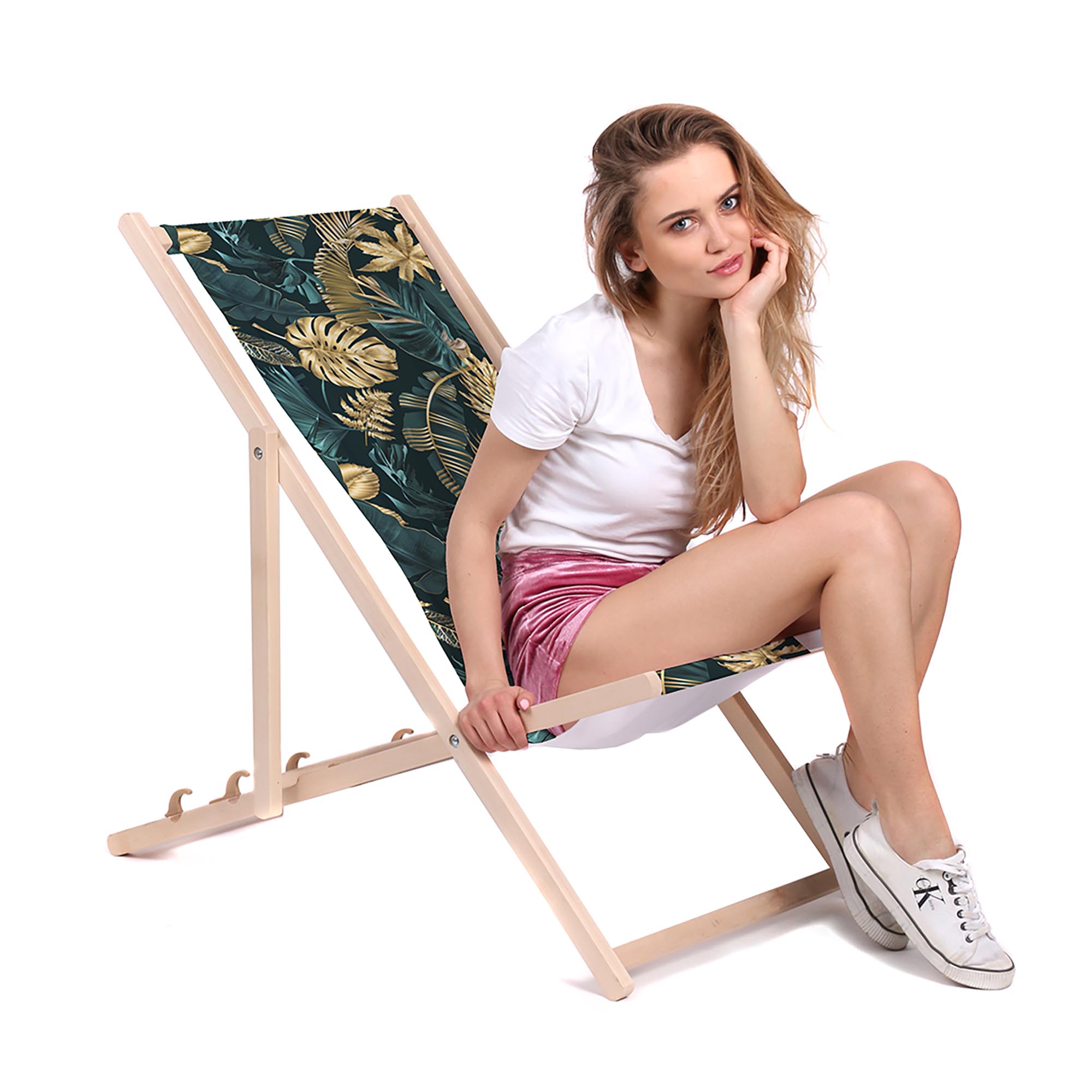 Holzliegestuhl Monstera Gold Grün-M