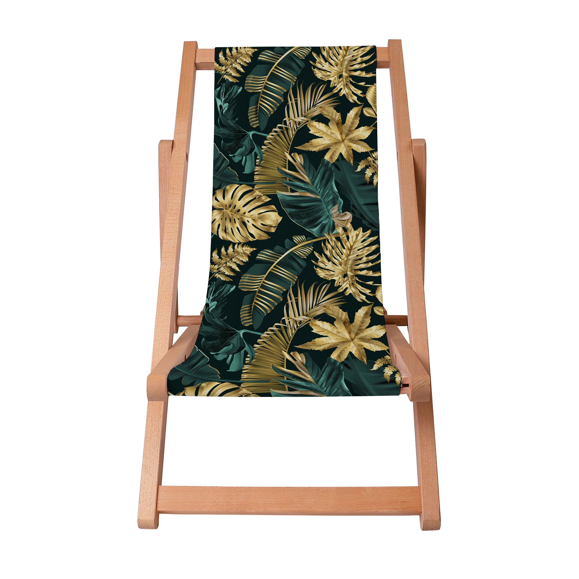 Holzliegestuhl Monstera Gold Grün-S