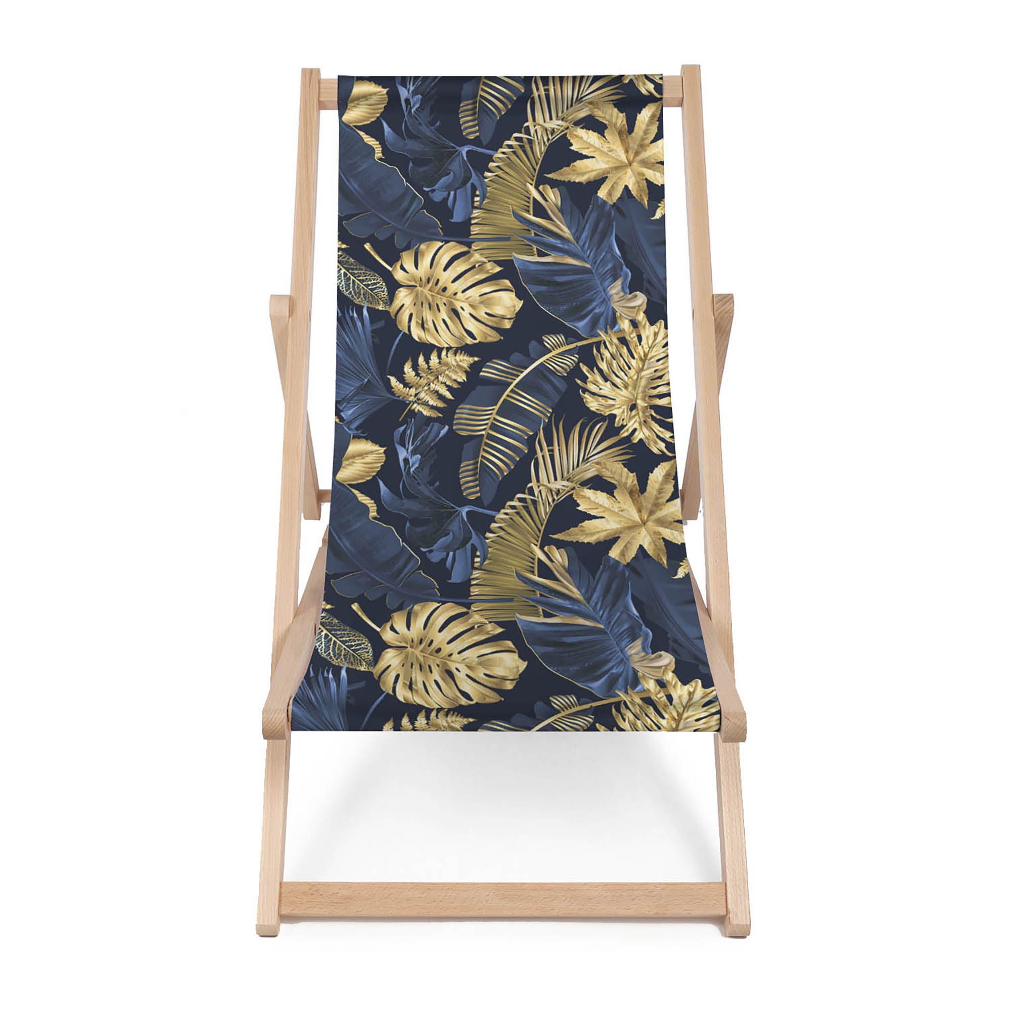 Holzliegestuhl Monstera Gold Marineblau-M