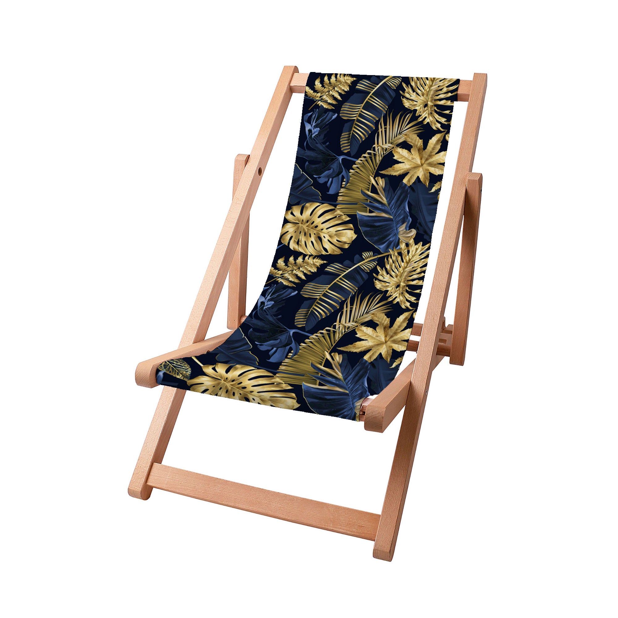 Holzliegestuhl Monstera Gold Marineblau