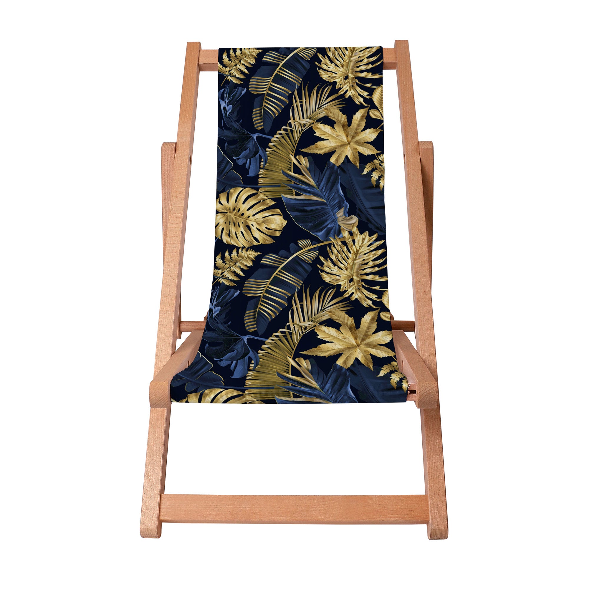 Holzliegestuhl Monstera Gold Marineblau-S