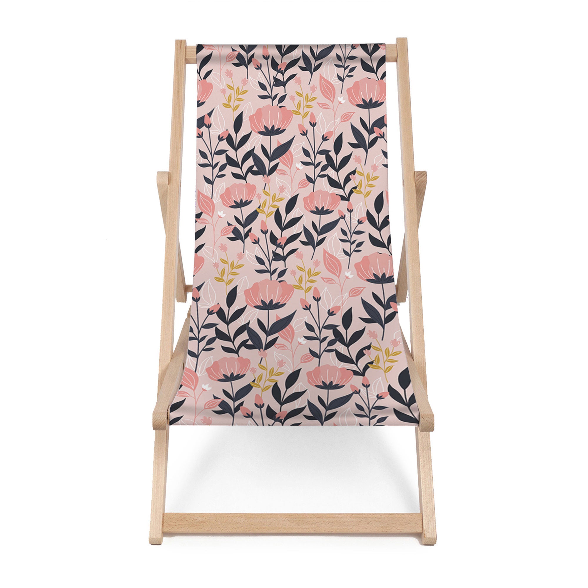Holzliegestuhl Rosa und Marineblaue Blumen-M