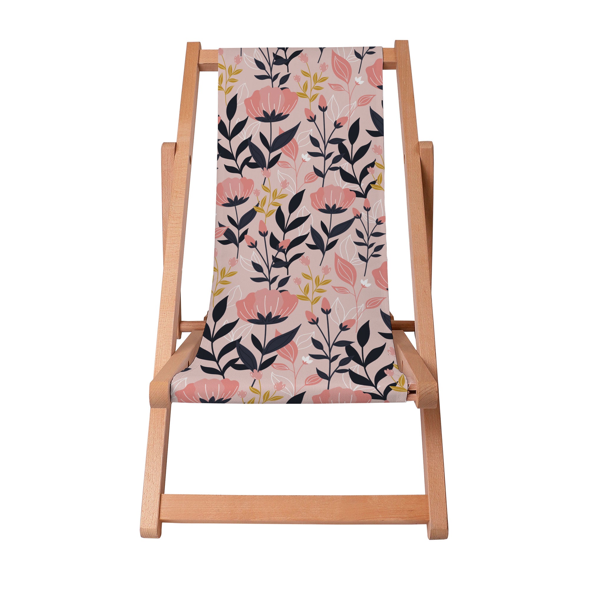 Holzliegestuhl Rosa und Marineblaue Blumen