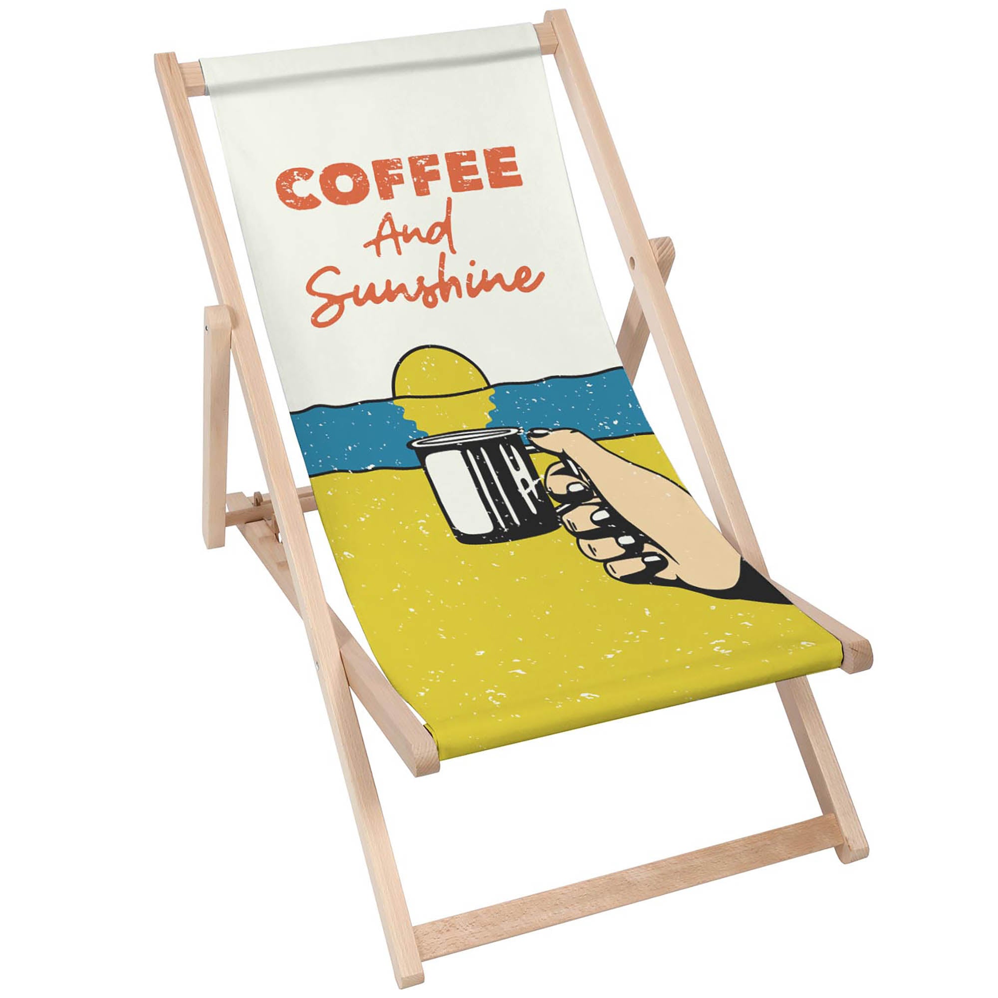 Holzliegestuhl Kaffee und Sonnenschein