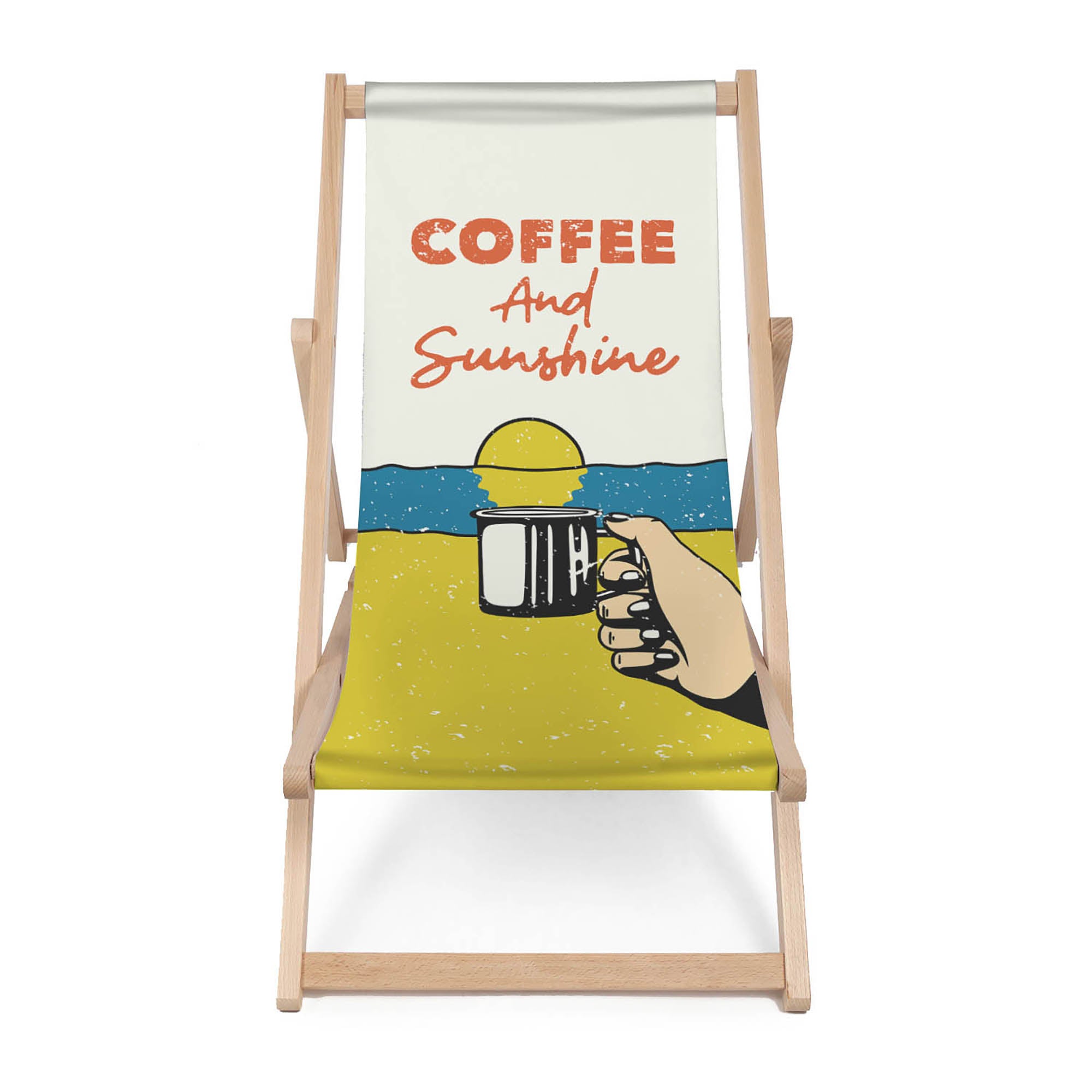 Holzliegestuhl Kaffee und Sonnenschein