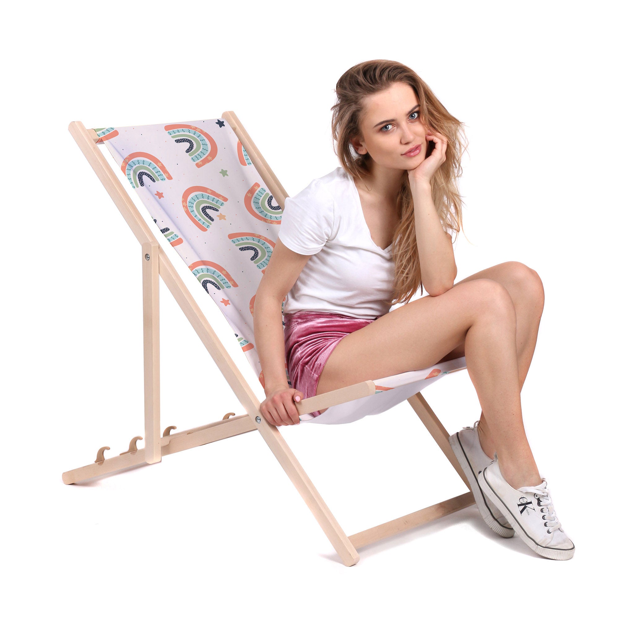 Holzliegestuhl Boho Regenbogen mit Sternen-M