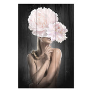 Bild Wood Frau mit rosa Pfingstrosen-20x30 cm