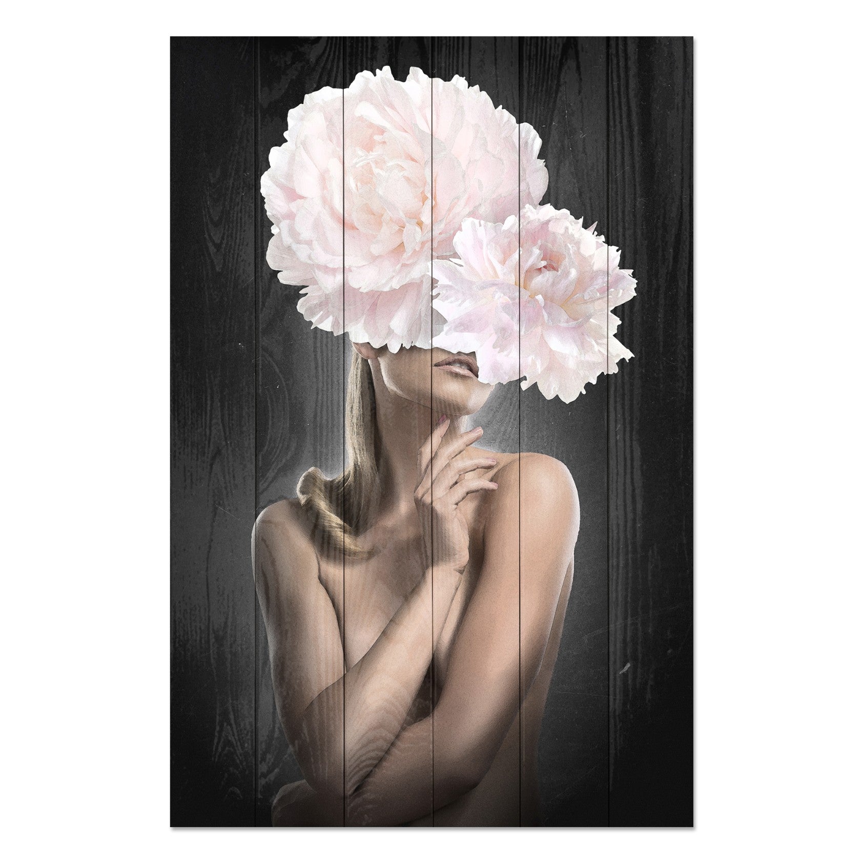 Bild Wood Frau mit rosa Pfingstrosen