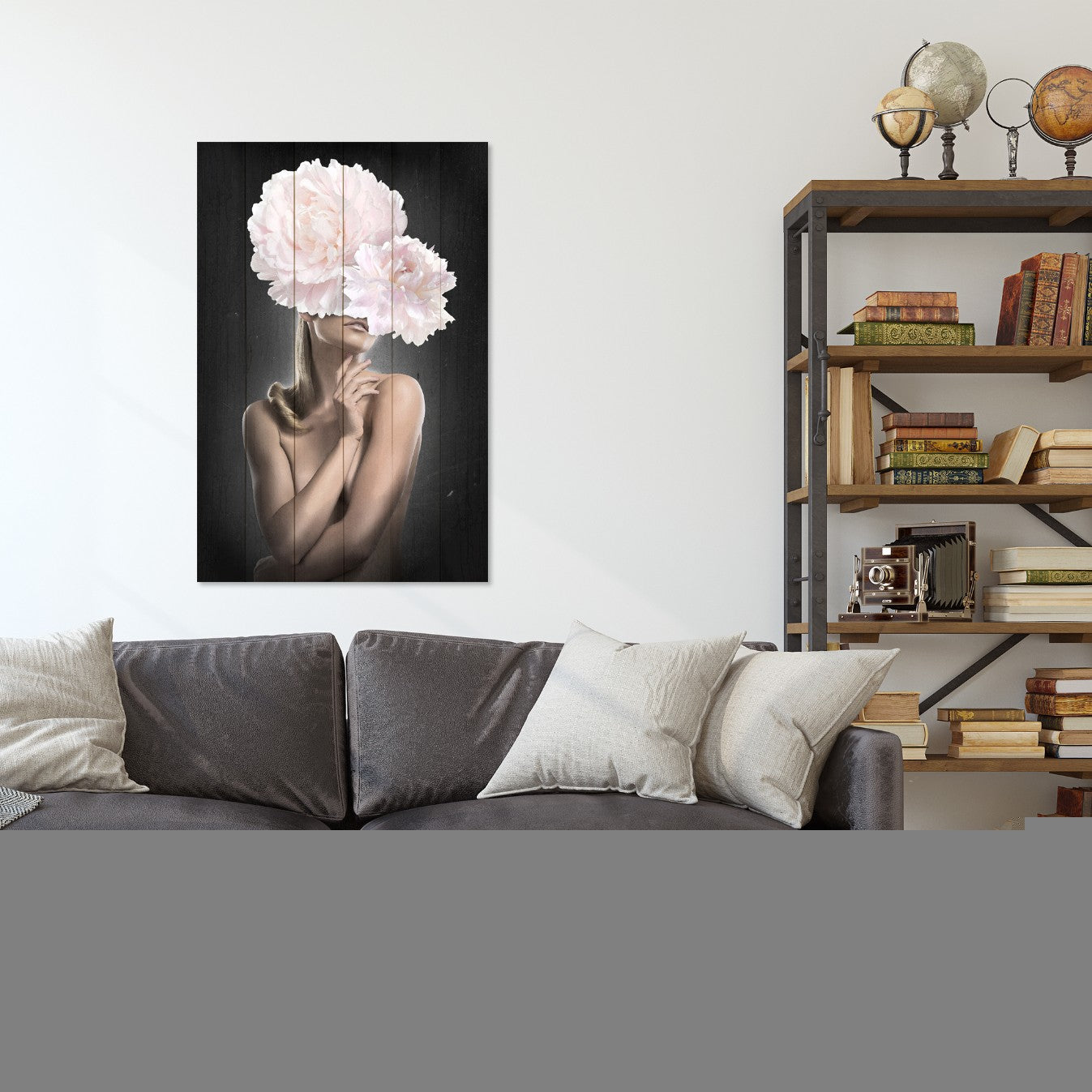 Bild Wood Frau mit rosa Pfingstrosen-30x40 cm