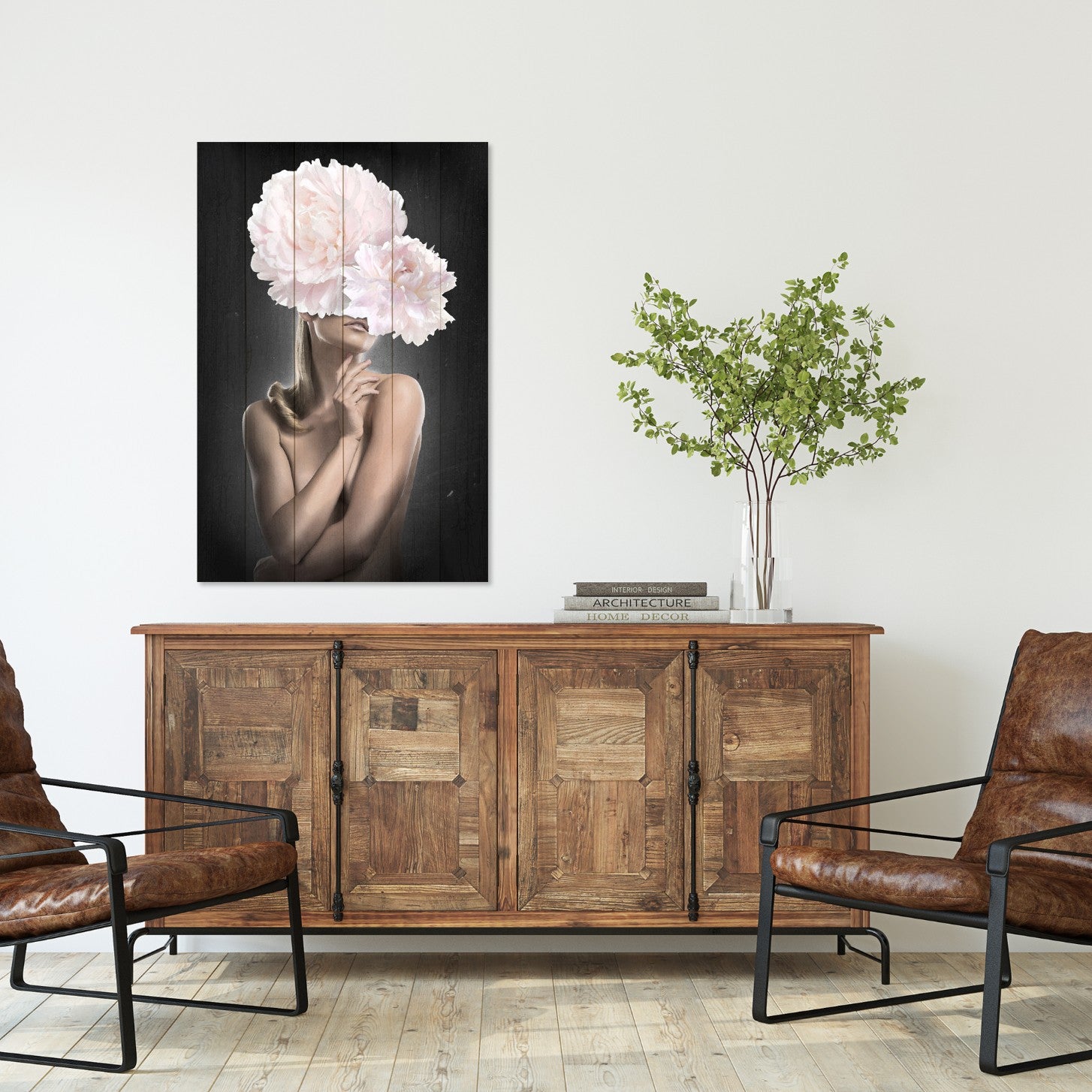 Bild Wood Frau mit rosa Pfingstrosen-50x70 cm