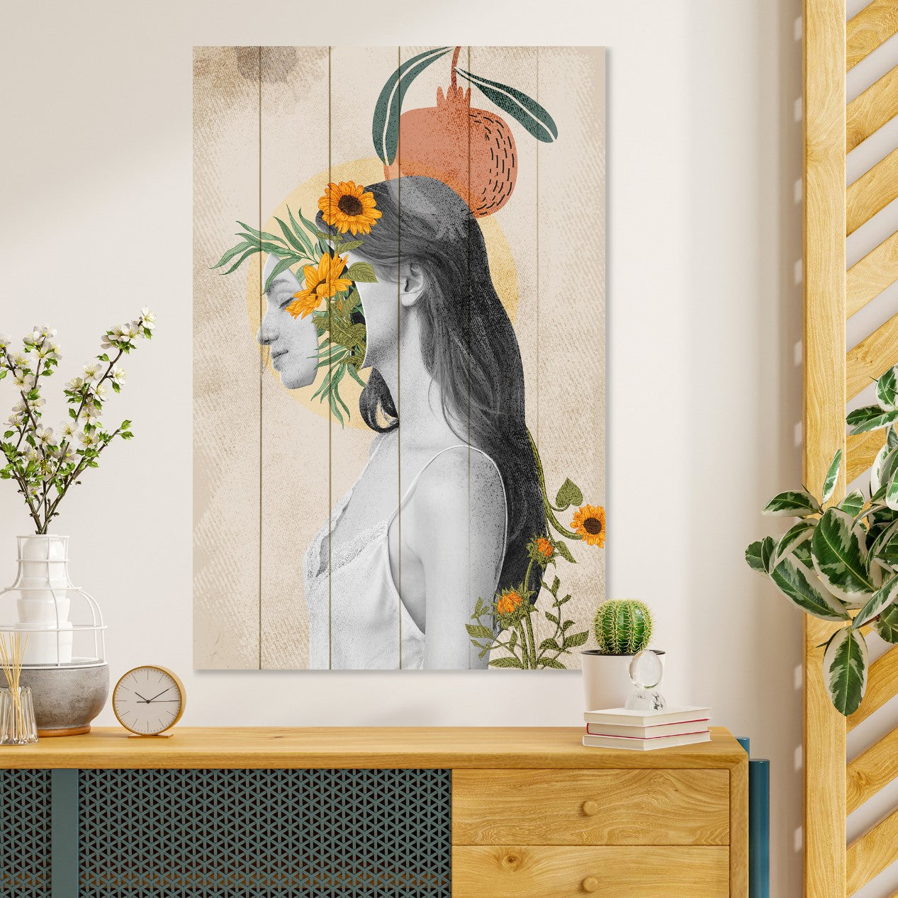 Bild Wood Frau mit Kopf in Blumen