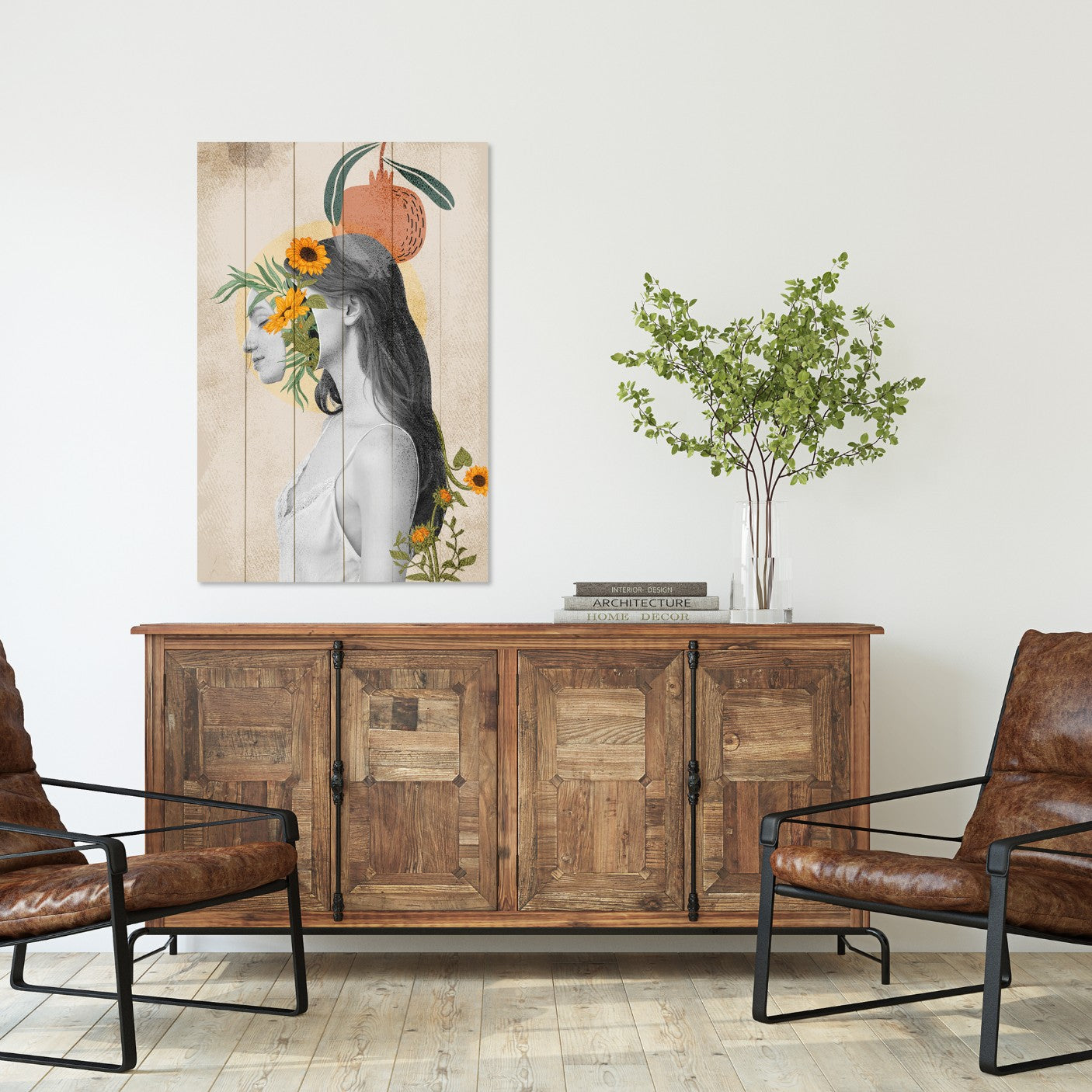 Bild Wood Frau mit Kopf in Blumen-20x30 cm