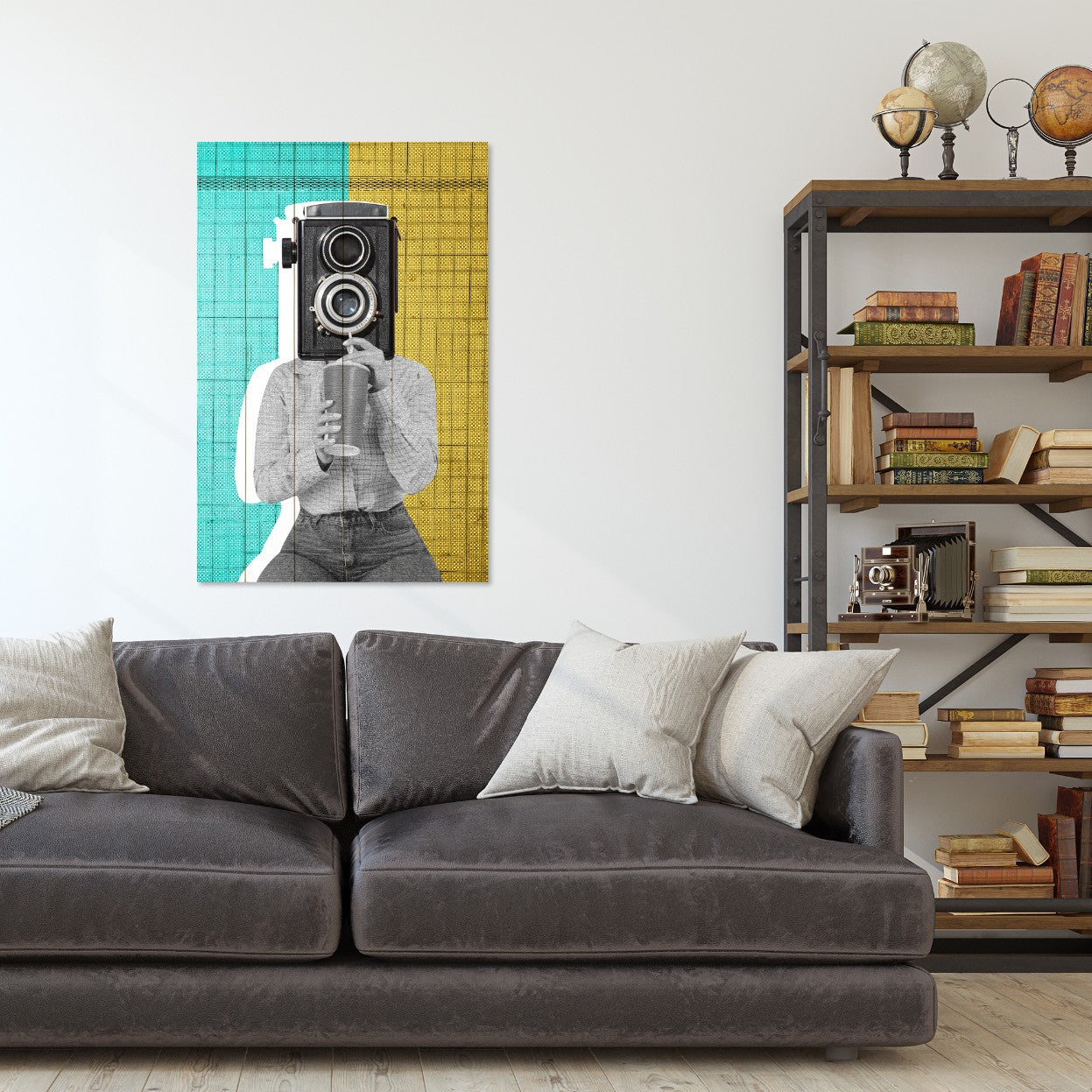 Bild Holz Frau mit Vintage-Kamera