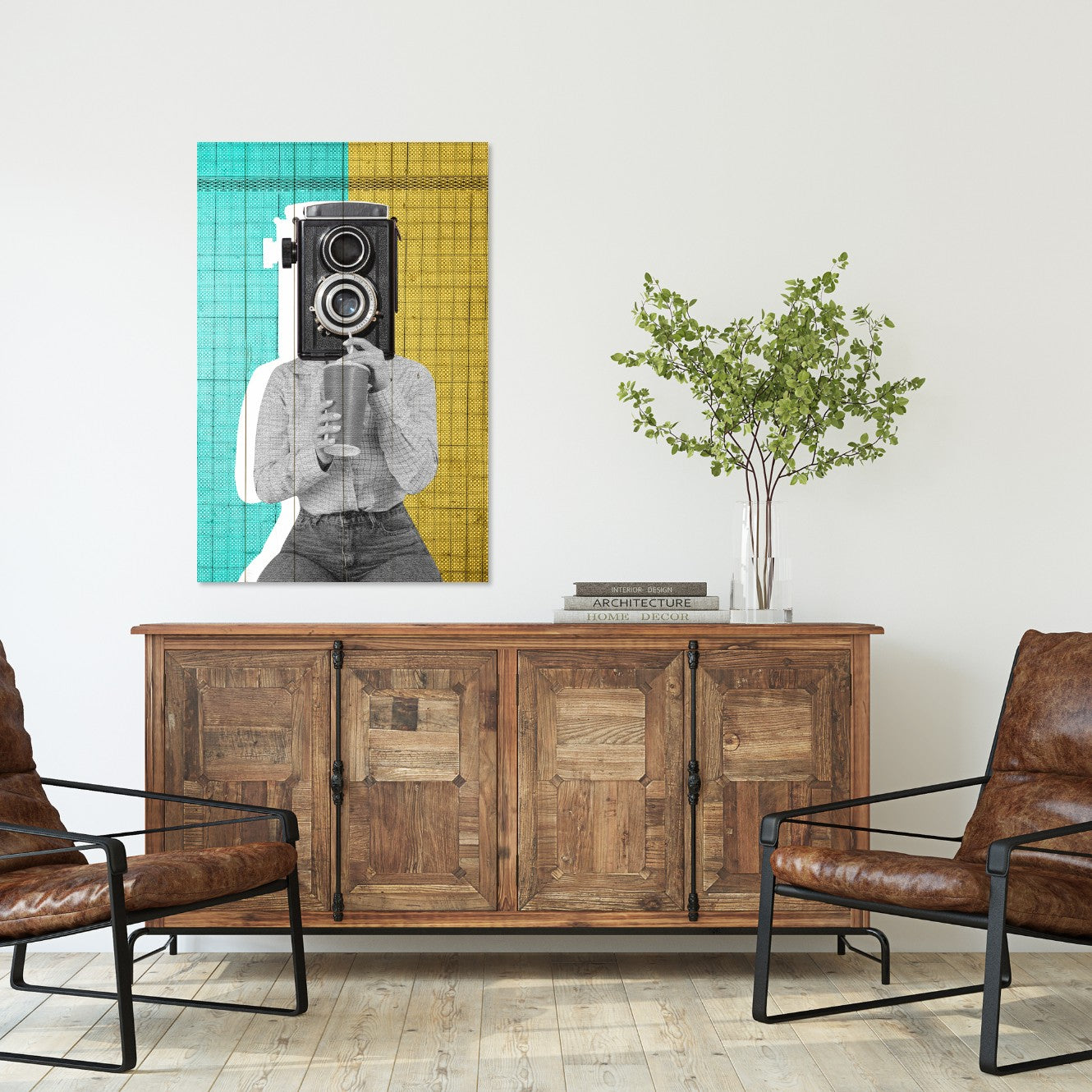 Bild Holz Frau mit Vintage-Kamera-40x60 cm