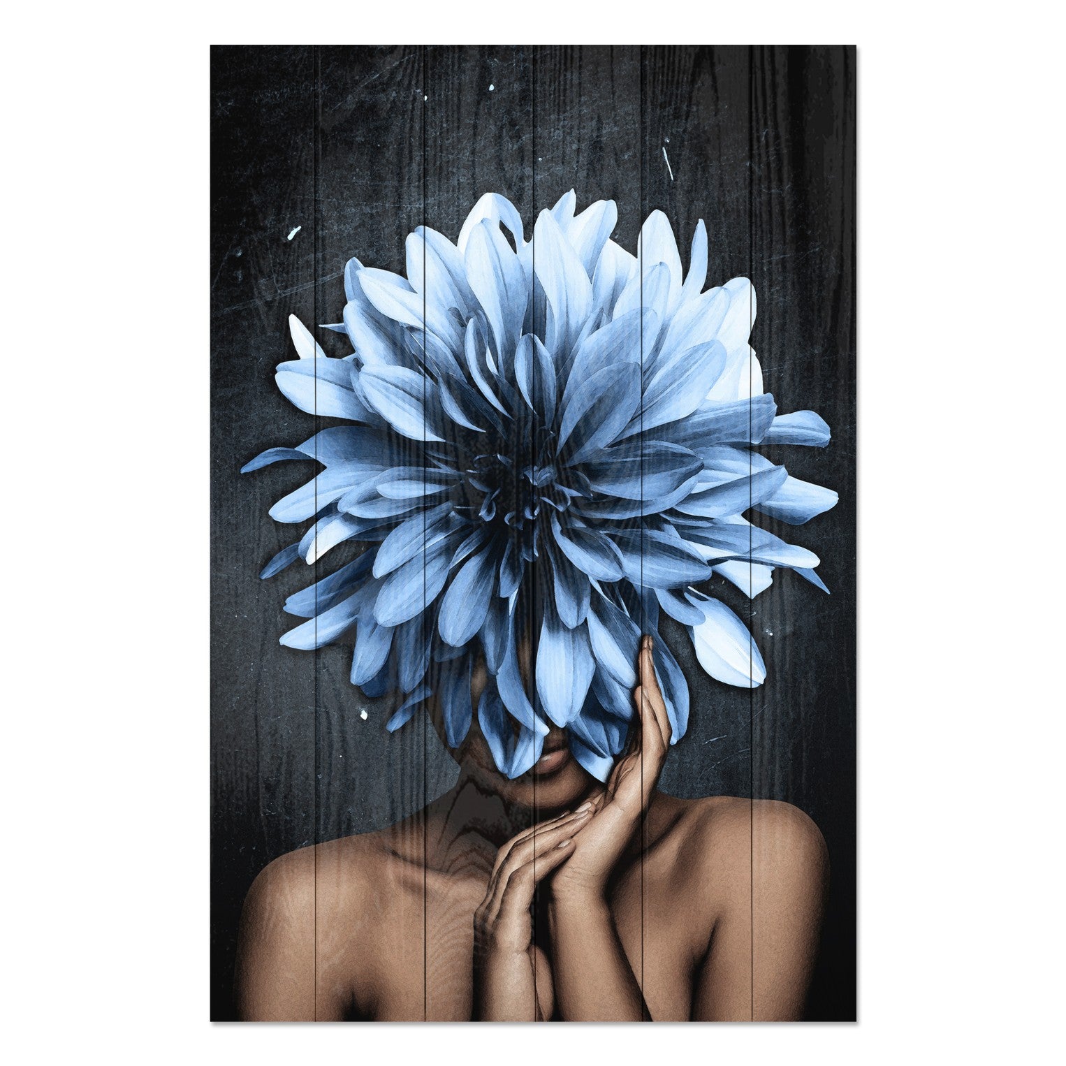 Bild Holz Frau mit großen blauen Blumen