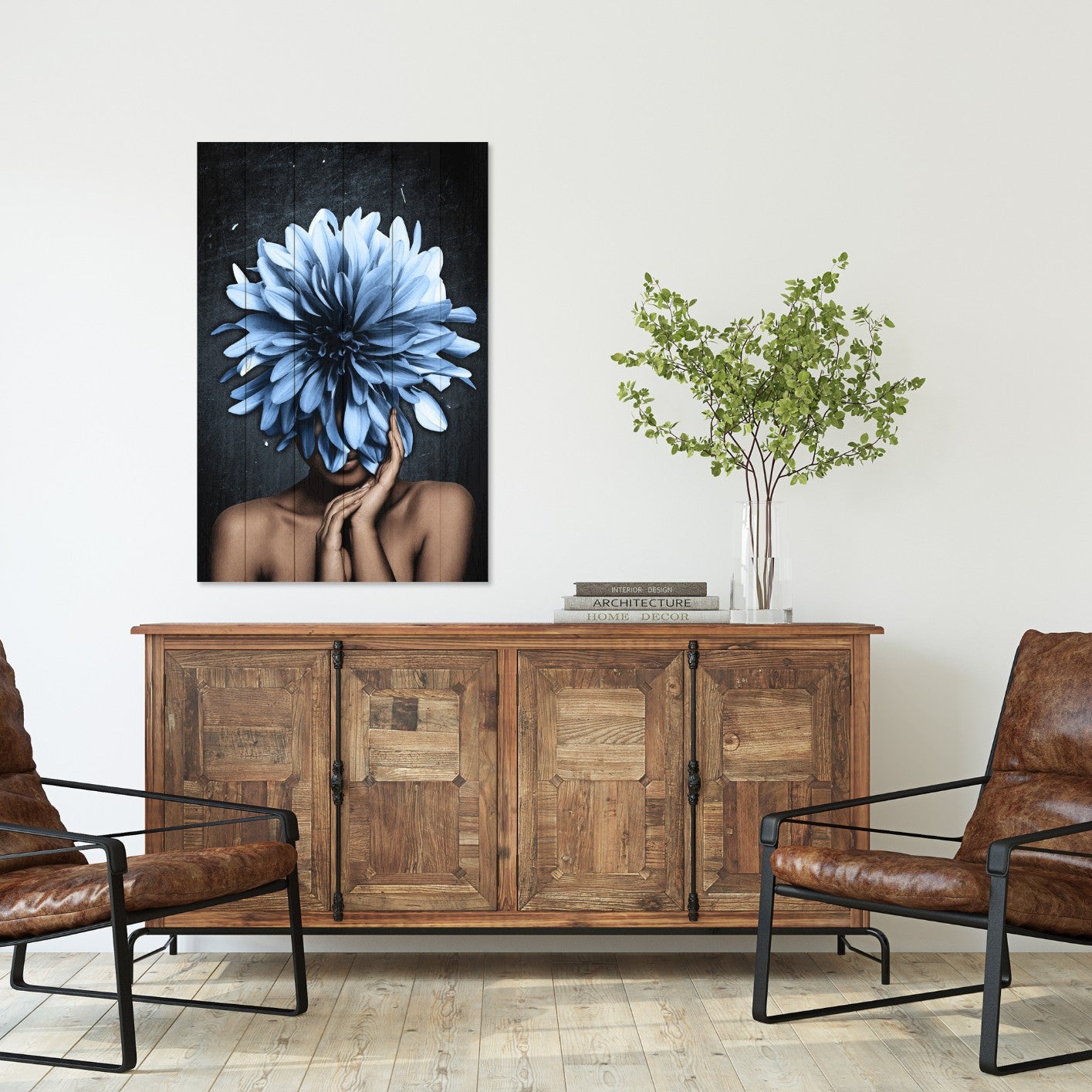 Bild Holz Frau mit großen blauen Blumen-20x30 cm