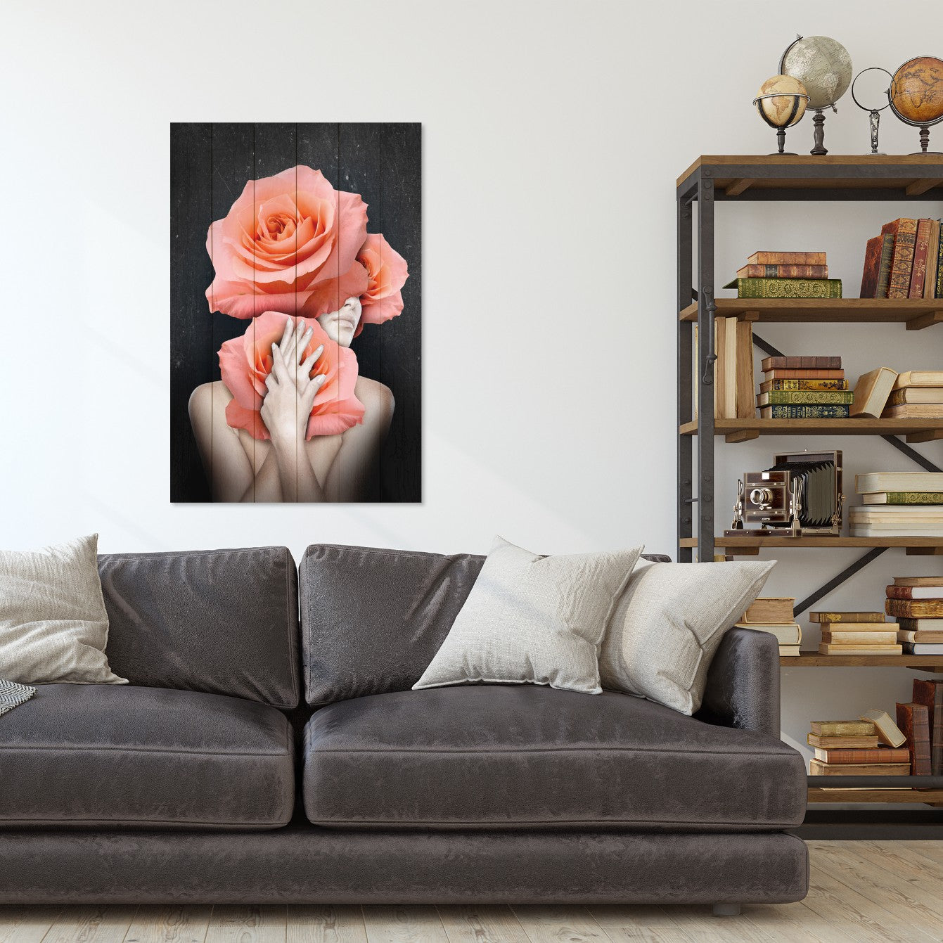 Bild Holz Frau umarmt Blumen-50x70 cm