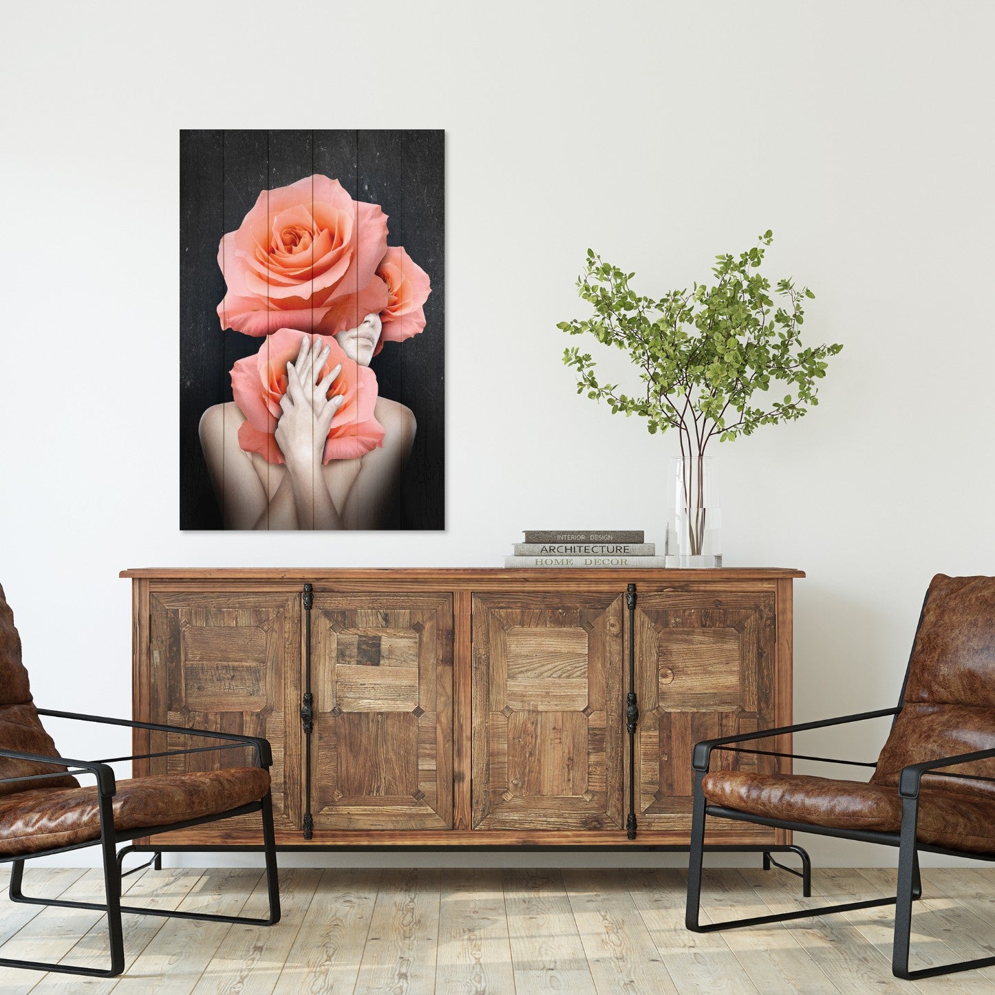 Bild Holz Frau umarmt Blumen-50x70 cm
