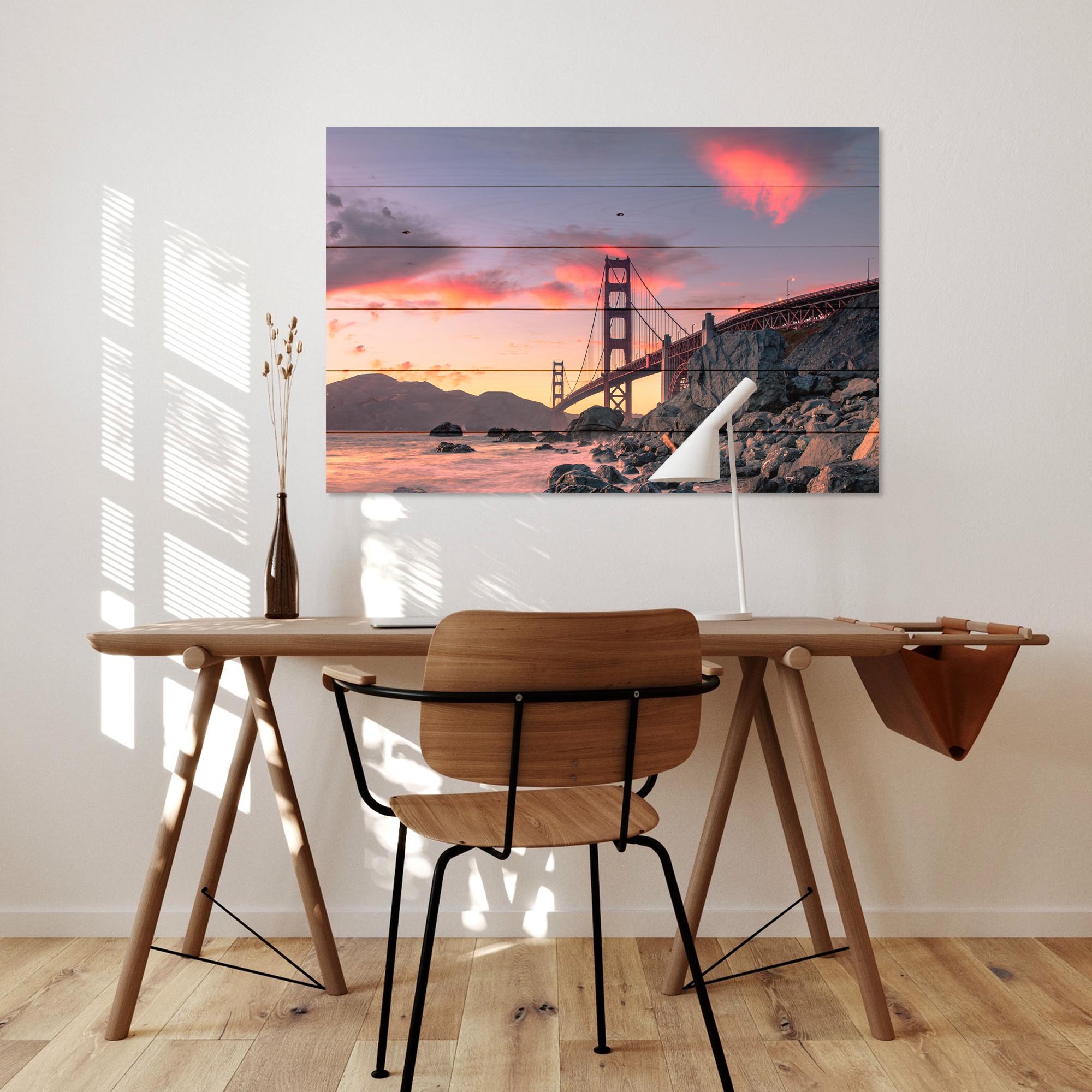 Obraz Wood Západ slnka nad Golden Gate Bridge-50x70 cm