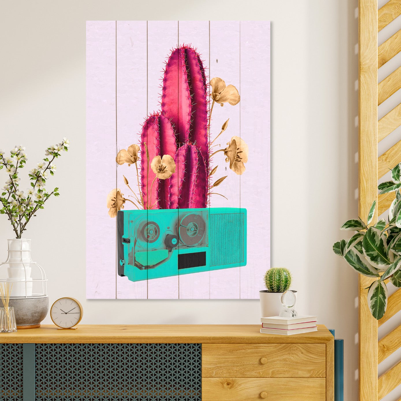 Bild Holz Retro Pinker Kaktus auf Radio