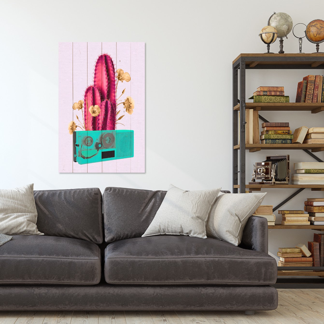 Bild Holz Retro Pinker Kaktus auf Radio-30x40 cm