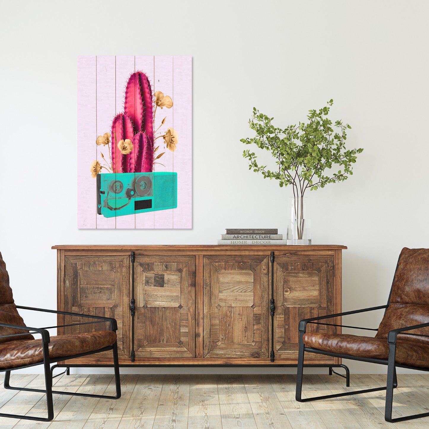 Bild Holz Retro Pinker Kaktus auf Radio-40x60 cm