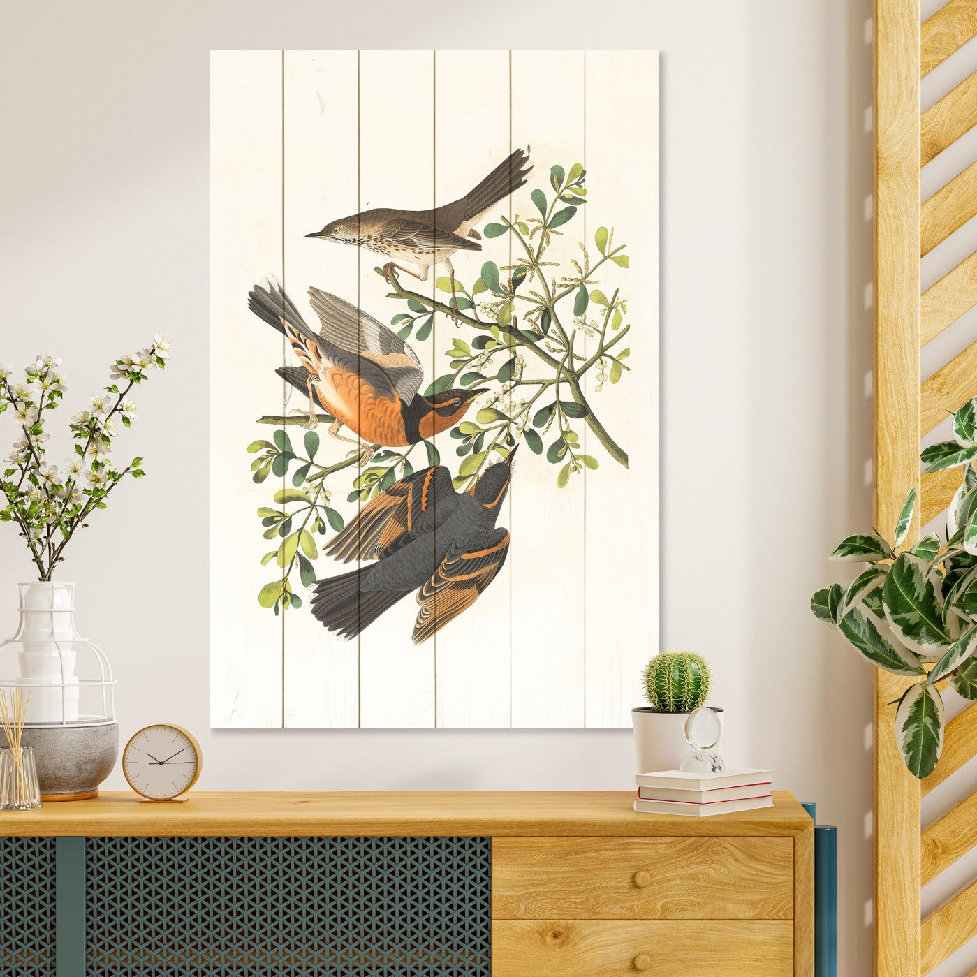 Obraz Wood Tri vtáky na vetve-70x90 cm