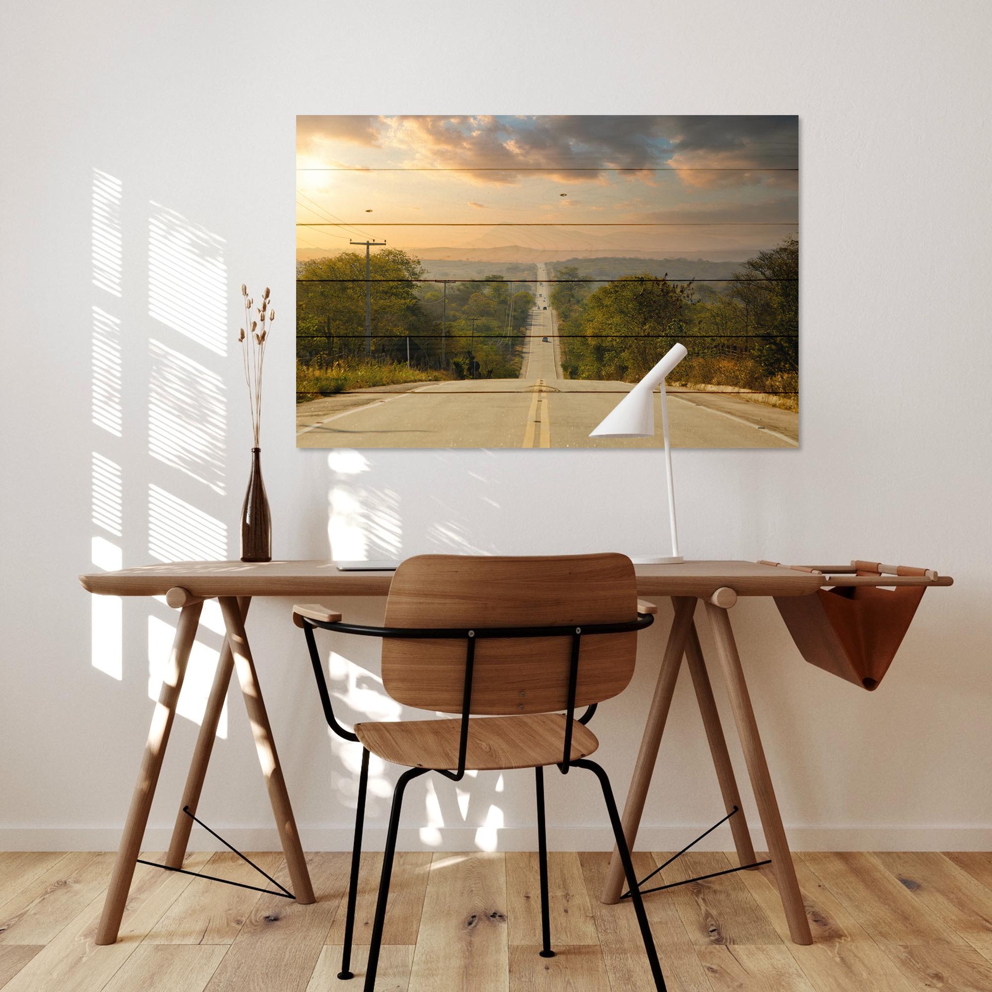 Wood Picture Long Highway Lined With Trees-50x70 cm