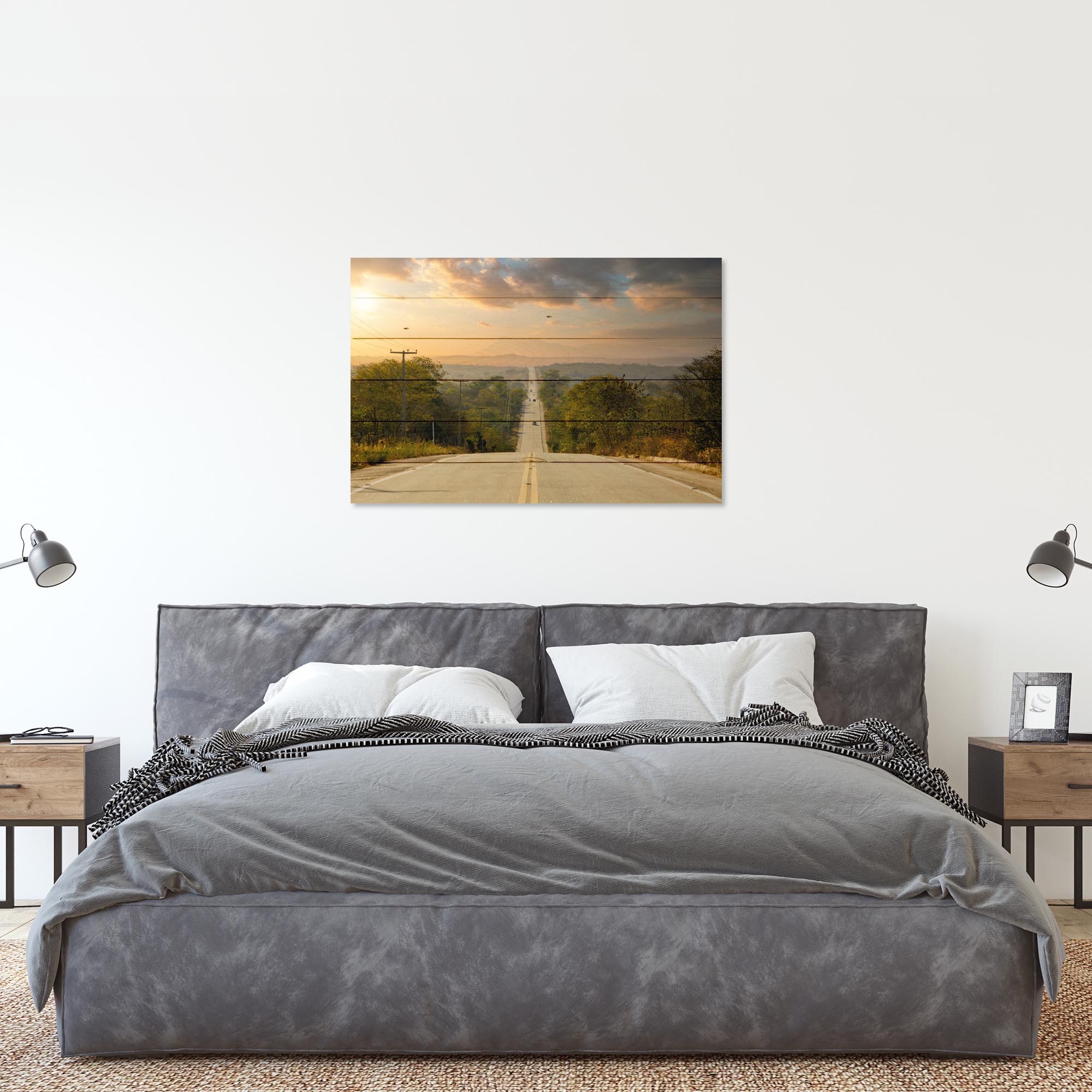Wood Picture Long Highway Lined With Trees-60x90 cm