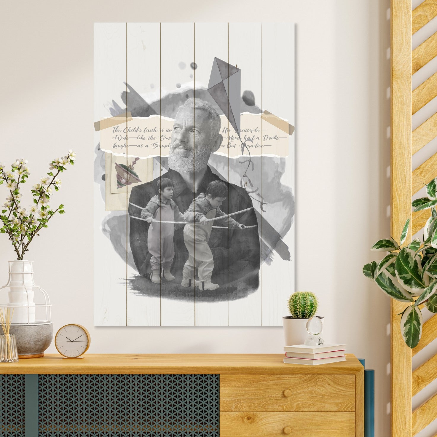 Bild Holz Alter Mann und Kleine Kinder-30x30 cm