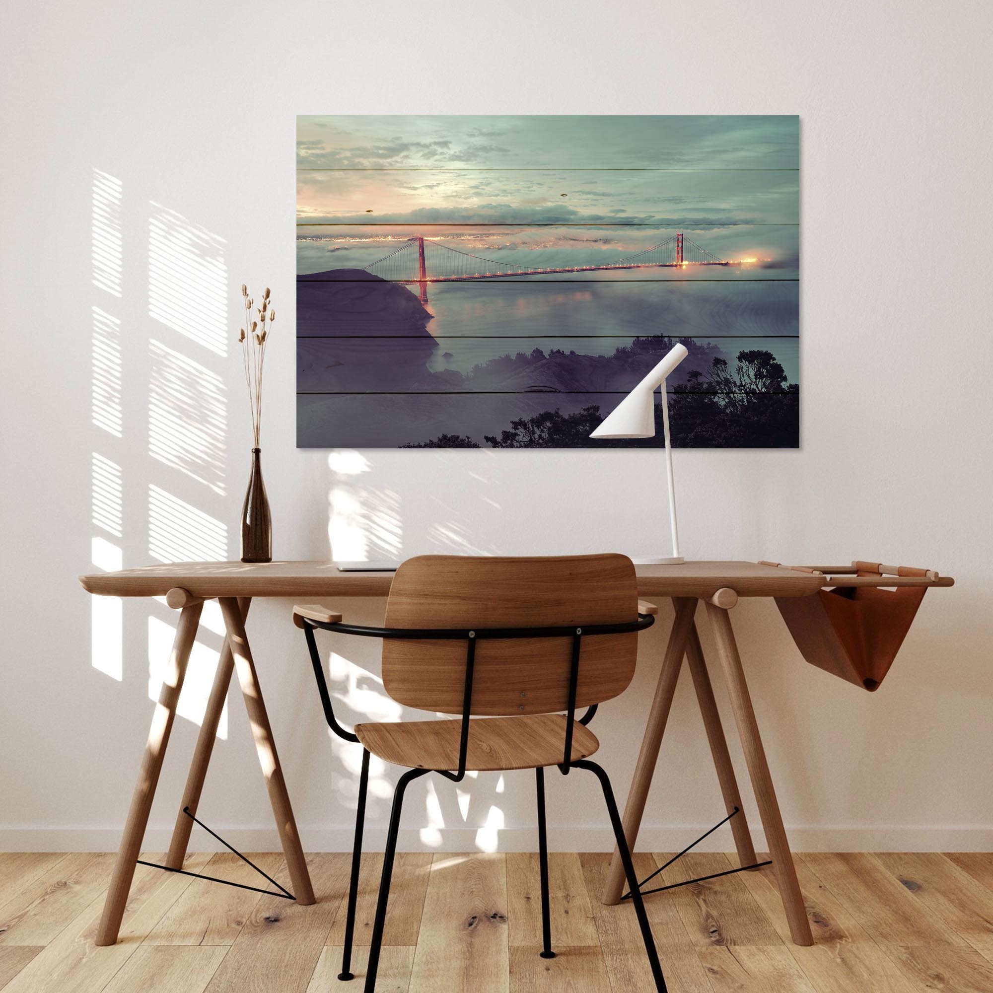 Bild Holz Golden Gate Bridge im Nebel-60x90 cm